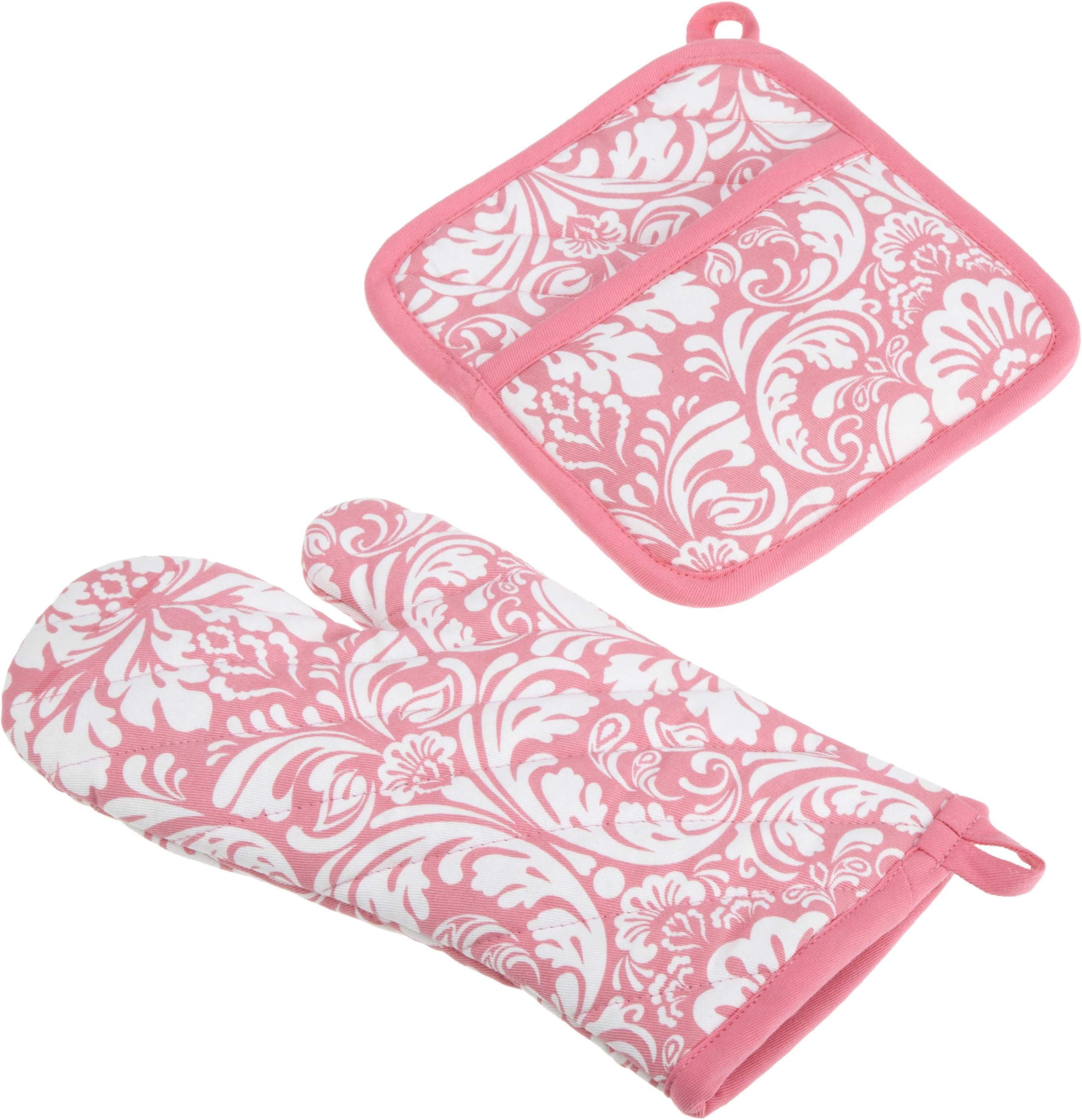 DIIQuilted Kitchen Oven Mitt & Potholder Set, Hanging Loop for Convenient Storage, OM 6.5x12/PH 8x8.5, Pink Damask Print, 2 Piece