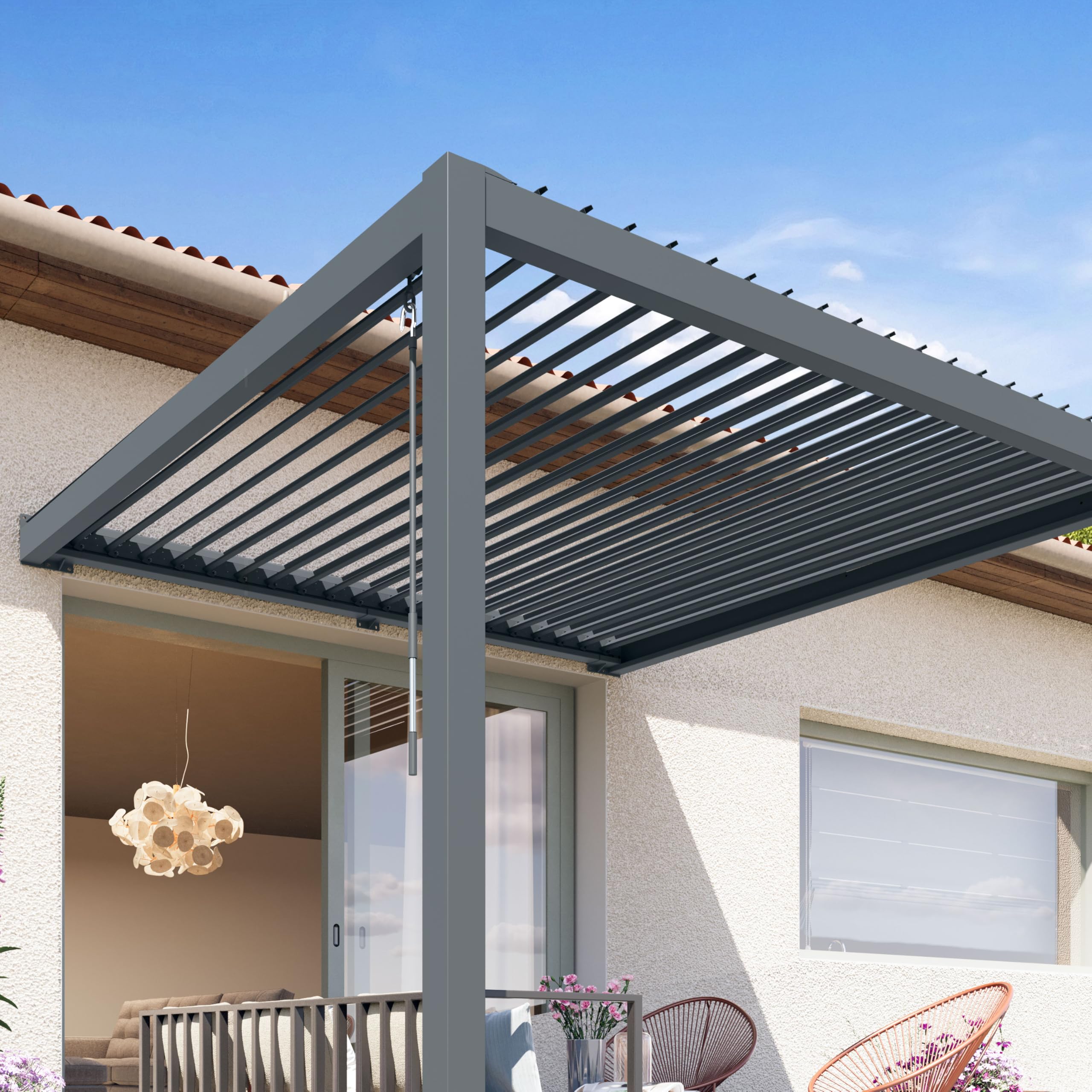 PRIMEYARD Pergola addossata 3x3 m montanti in alluminio con tetto a doghe in acciaio pergola a muro color antracite