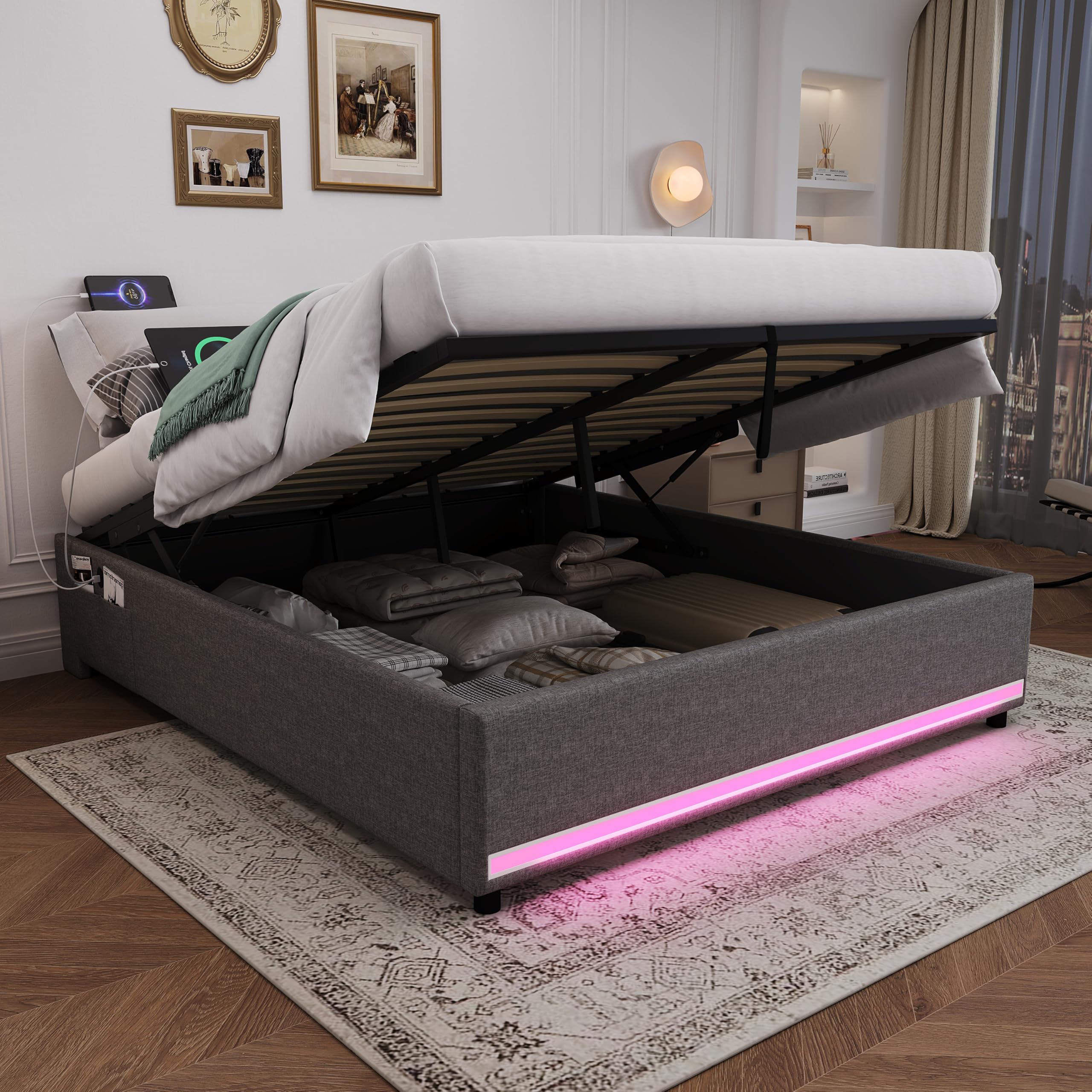 5ft King Size Bed Frame with LED Lighting & Charging Station, No Headboard Upholstered Ottoman Bed with Hydraulic Lift, Functional Gas Lift Storage Beds with Wooden Slats, Linen, Grey, No Mattress