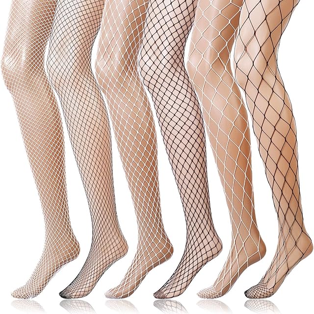 6 Pairs Fishnet Stockings Women's High Waist Lace Tights for Girls Ladies (3 Black, 3 White)
