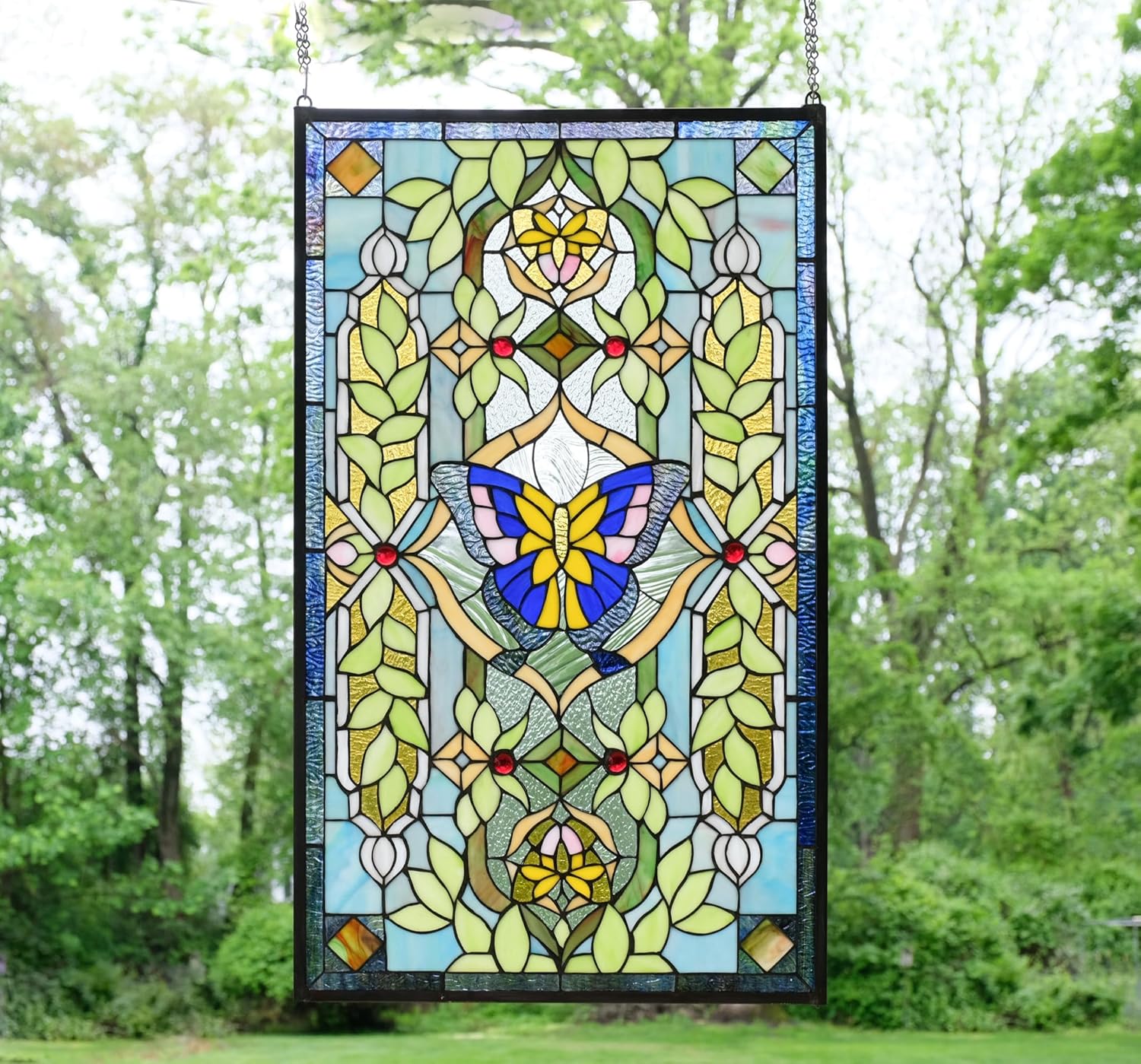 Handcrafted Hanging Stained Glass Window Panel Butterfly Flower, 20.5"x34.75"