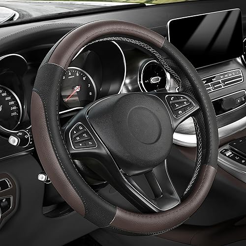 Miniatura 44 de SEG Direct Funda universal para volante de automóvil, de 15 pulgadas, piel de microfibra, color blanco y gris Negro y gris