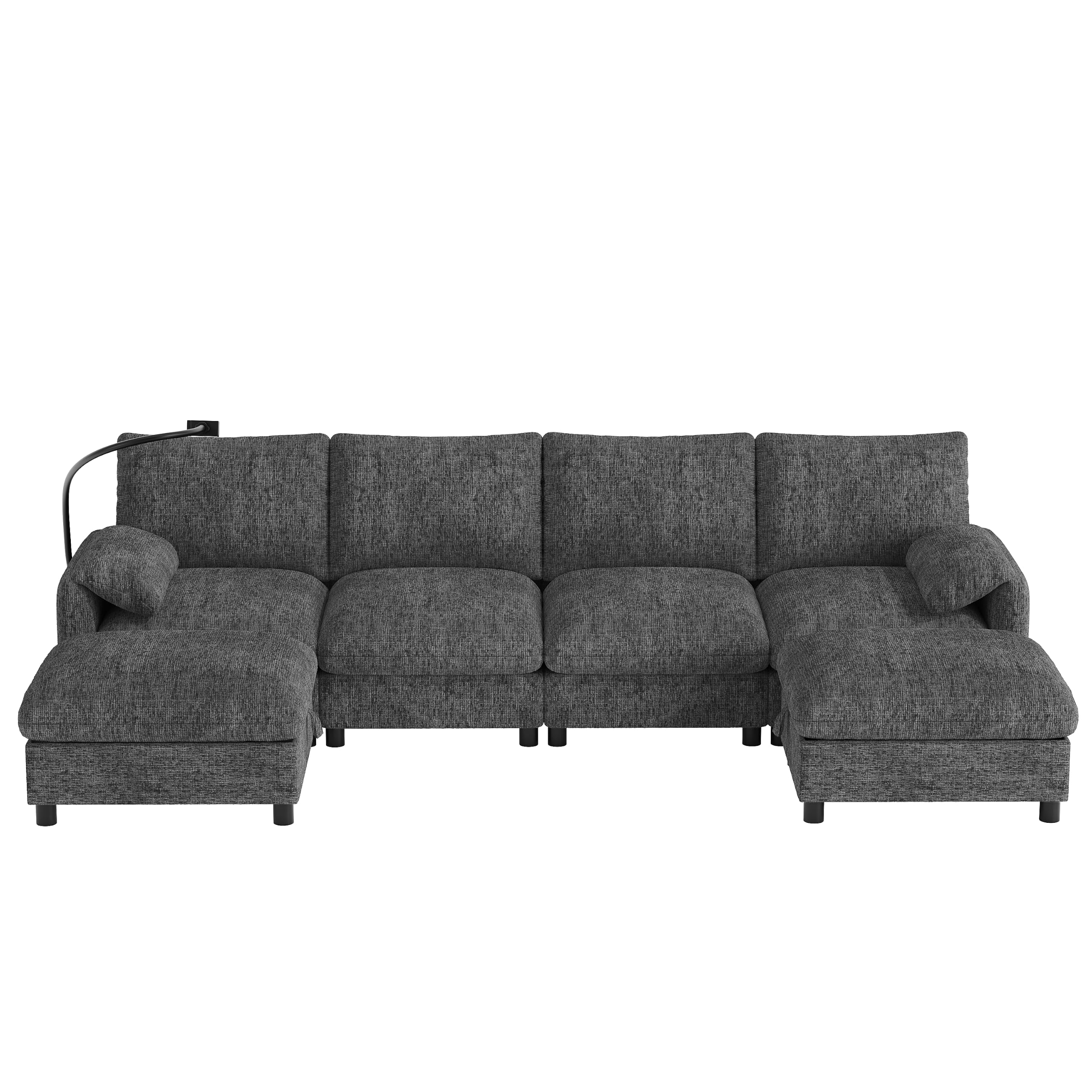 Sofa Modular Esquinero en Forma de U/L con 2 Taburetes de Almacenaje | Sofa Rinconera con USB y Soporte para Móvil, Sofas de Salon para 6 Personas, Chenilla, 273.5x133x81 cm, Gris