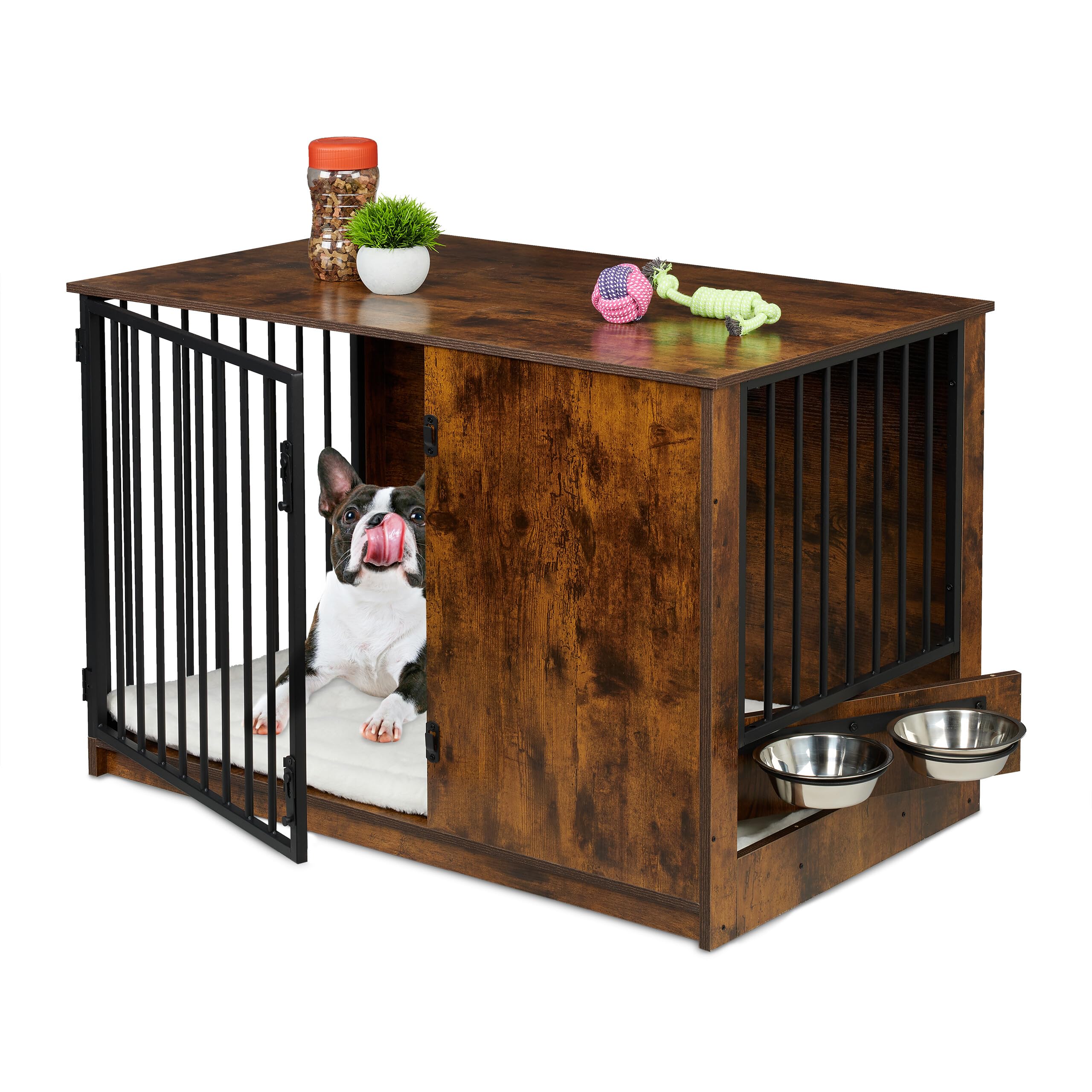 Relaxdays Box pour Chien en MDF et métal, Meuble Industriel Marron, H x L x P : 65,5 x 102 x 60 cm, 2 gamelles
