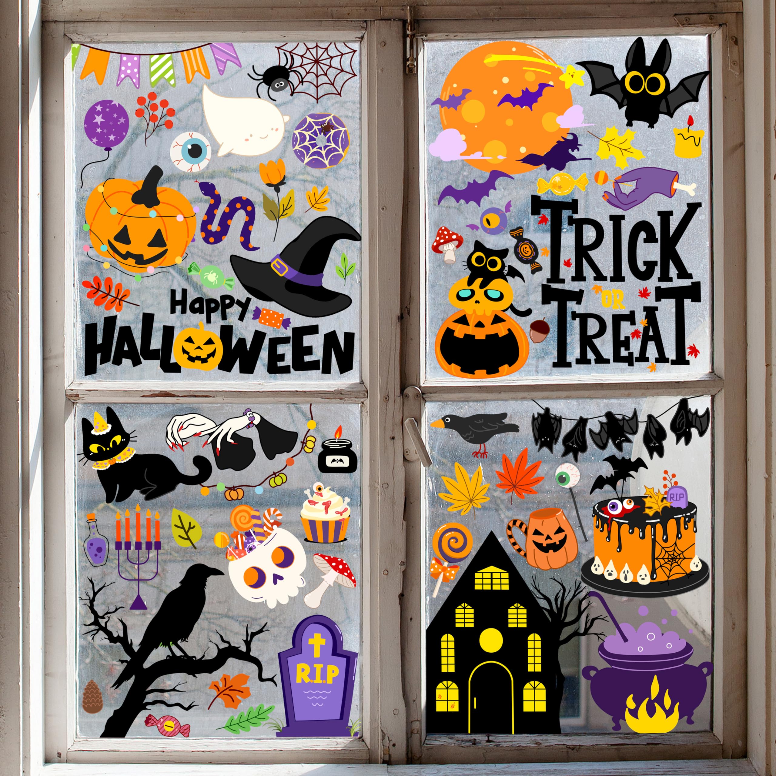 KAHSHEEN Halloween Window Clings - Halloween Decorations Static Window Stickers for Glass, Removable Large Double-Sided Window Decals for Indoor Home Decor, Bat Fall Cute Party Gift, 65 PCS/9 Sheet