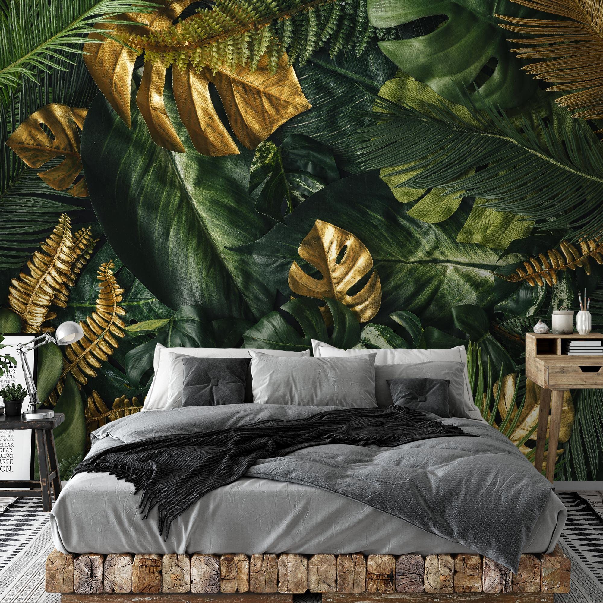 Runa Art Carta da parati fotografica foglie tropicali Monstera 352 x 250 cm Vello Sfondo Murale XXL Moderne Decorazione Soggiorno Camera De Letto Sala Ufficio oro verde 9591011a