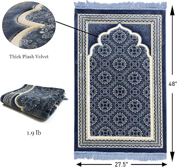 Modefa Turkish Islamic Prayer Rug - Soft Velvet Janamaz Praying Carpet - Comfortable Muslim Praying Mat for Men & Women - Ramadan or Eid Gift - with Kufi Prayer Cap - Elegant Swirl (Blue)