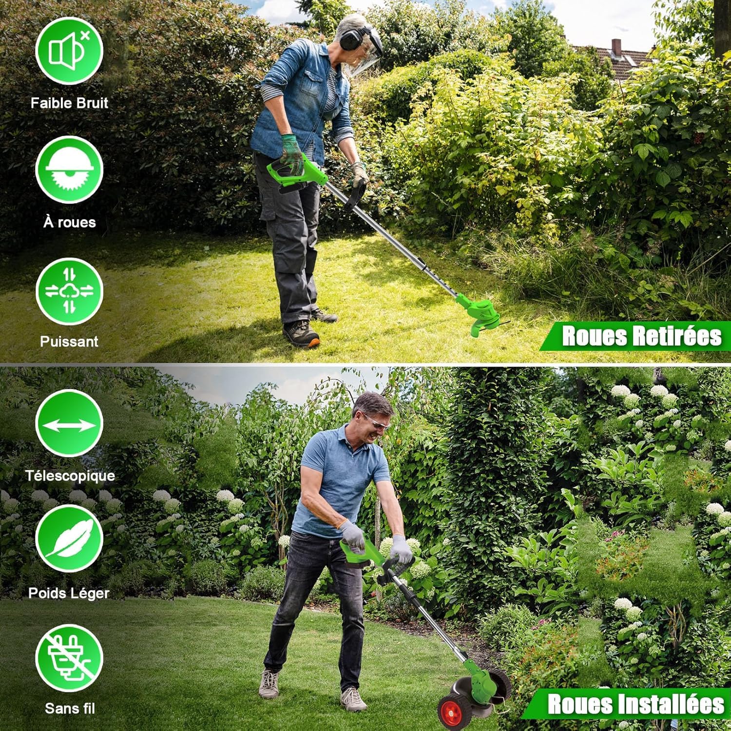 Débroussailleuse Electrique Bordure,Coupe Bordure sans Fil avec Batterie 21V avec 2 Batterie De 2.0 Ah et 1 Chargeur Rapide & 4 Types De Lames Et De Roues pour Jardin Et Cour