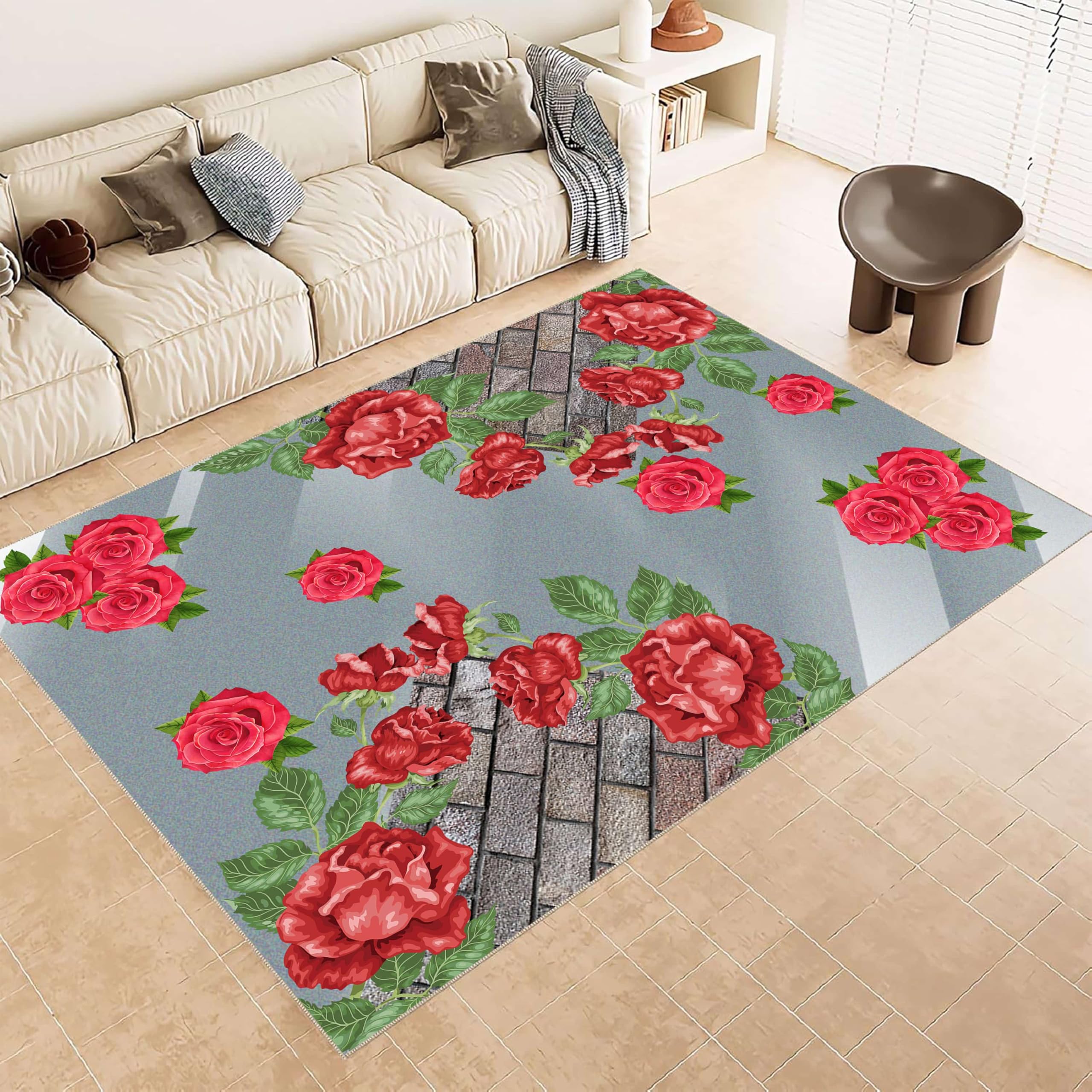 ZCLRUG Red Rose Non Slip Area Rug, 180 x 260 cm plant Floral Green Leaves grey Brick Soft Low Pile Washable Rug, Foldable Fade Resistant Romantic urban style Carpet for Bedroom Dining Room Lounge