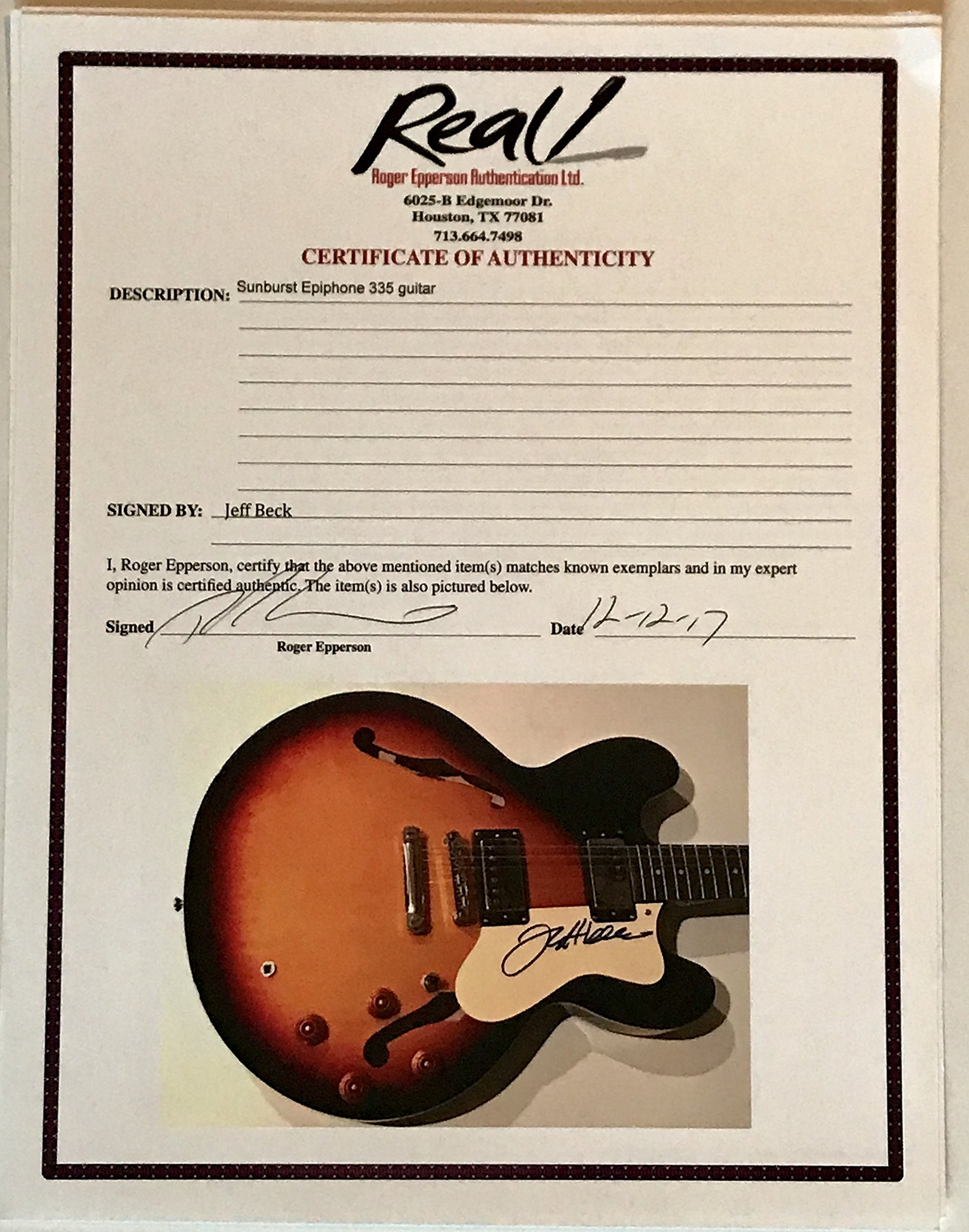 Jeff Beck signed Guitar epiphone cutaway body autographed the