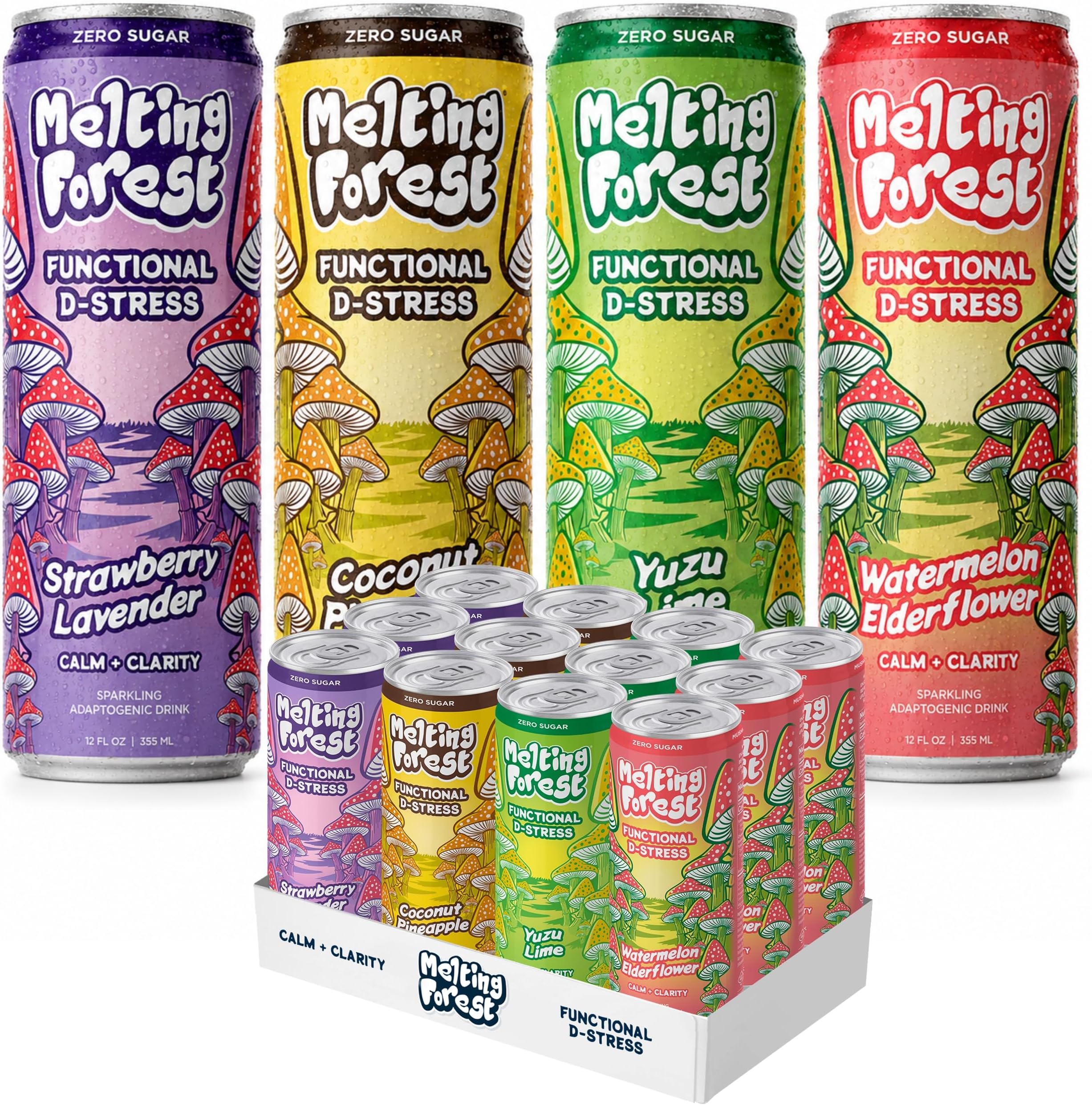 Melting Forest D-Stress Sparkling Adaptogen Drink, Variety Flavors, 12-Pack