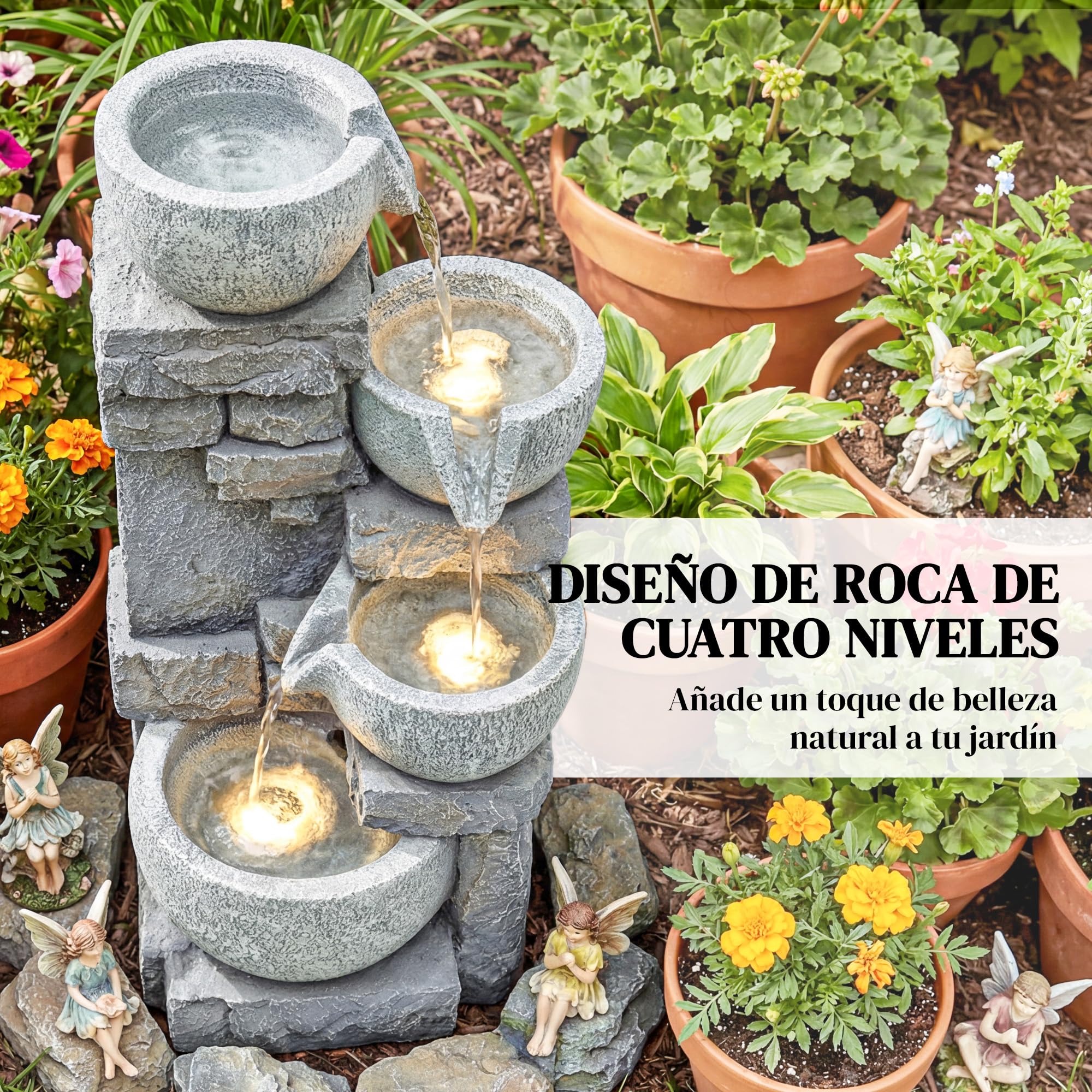 Outsunny Fuente de Agua Decorativa con Iluminación LED y Bomba, Fuente de Jardín Exterior en Cascada de 4 Niveles, Flujo Ajustable, Resistente a la Intemperie, para Jardín, Terraza, Patio, Gris