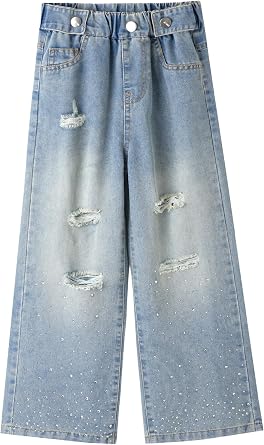 Girls Ripped Jeans High Elastic Waist Wide Leg Distressed Denim Pants with Pockets Loose Casual Streetwear 5-14Y
