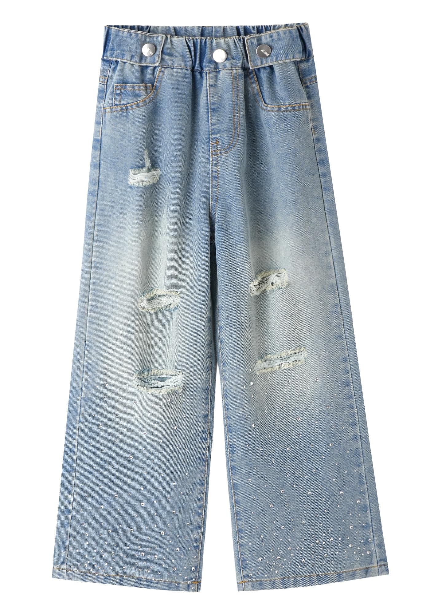 Jeans strappati da ragazza, vita alta elastica, gamba larga, pantaloni in denim invecchiato con tasche larghi casual streetwear 5-14 anni
