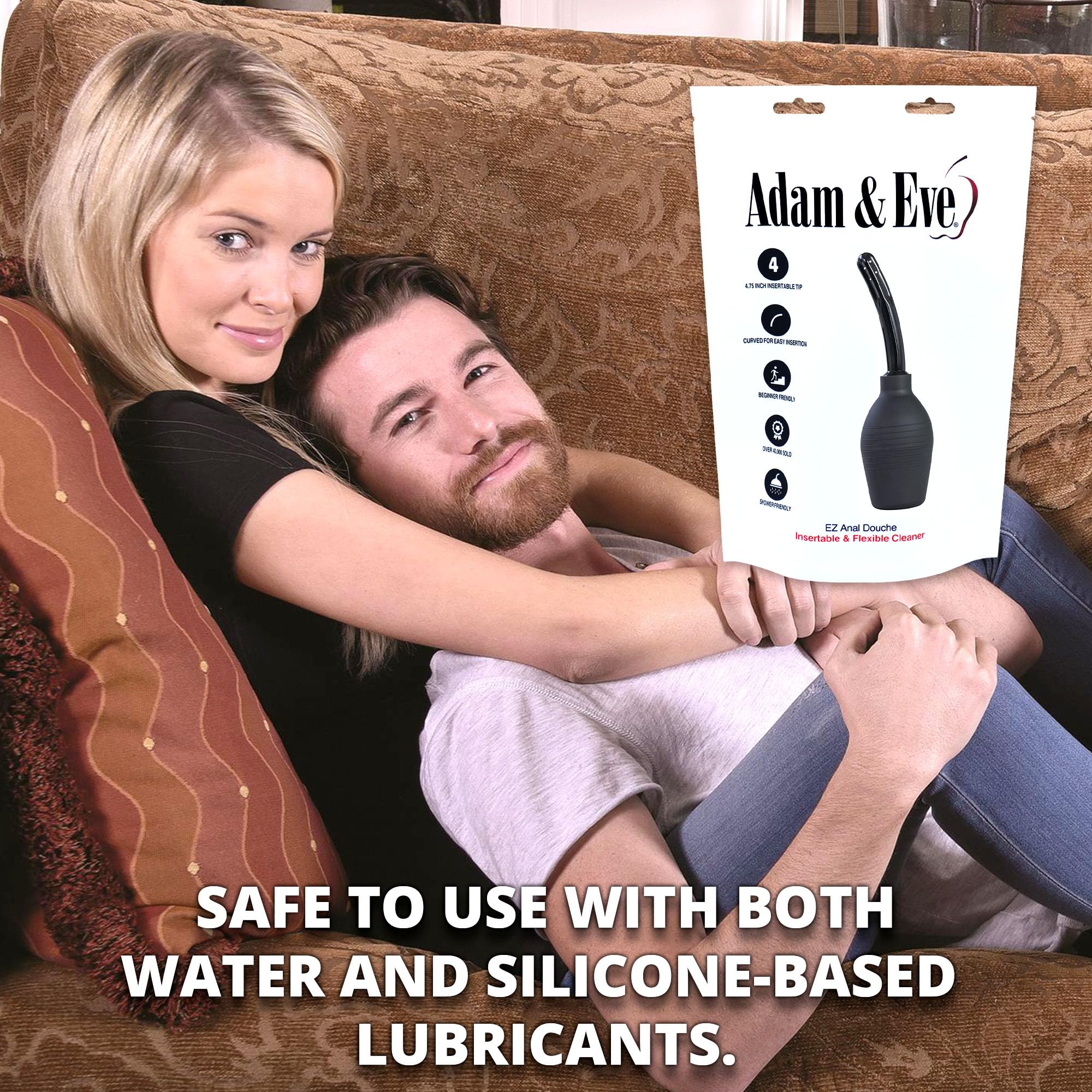 Adam & Eve EZ Anal Douche, Easy to Use Cleaning Bulb with Flexible Tip, Large Capacity for Deep Cleansing, Stable Flat Base, Body Safe and Reusable, Compatible with Water Based and Silicone Lubes