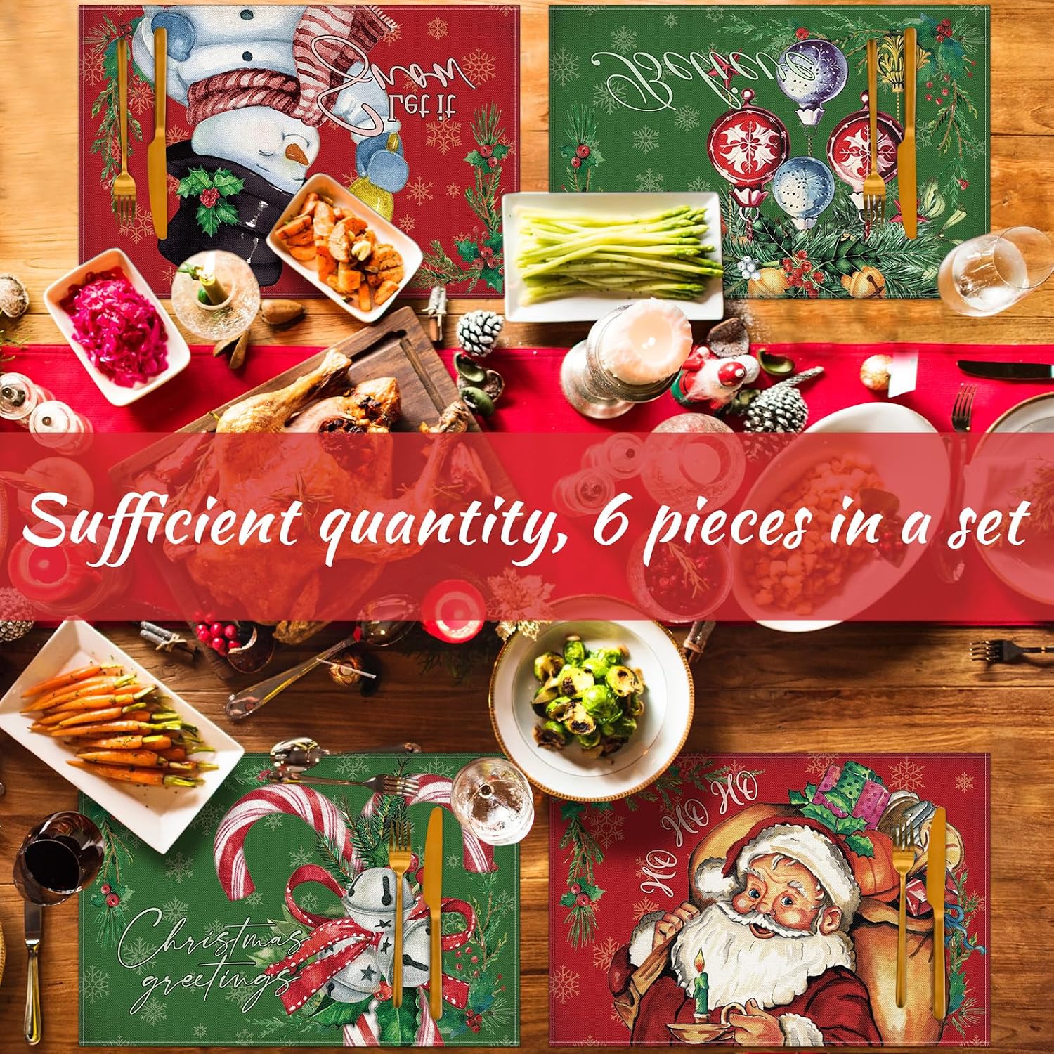 Hushee 6 Pcs Christmas Placemats Retro Santa Snowman 12x18 Inch