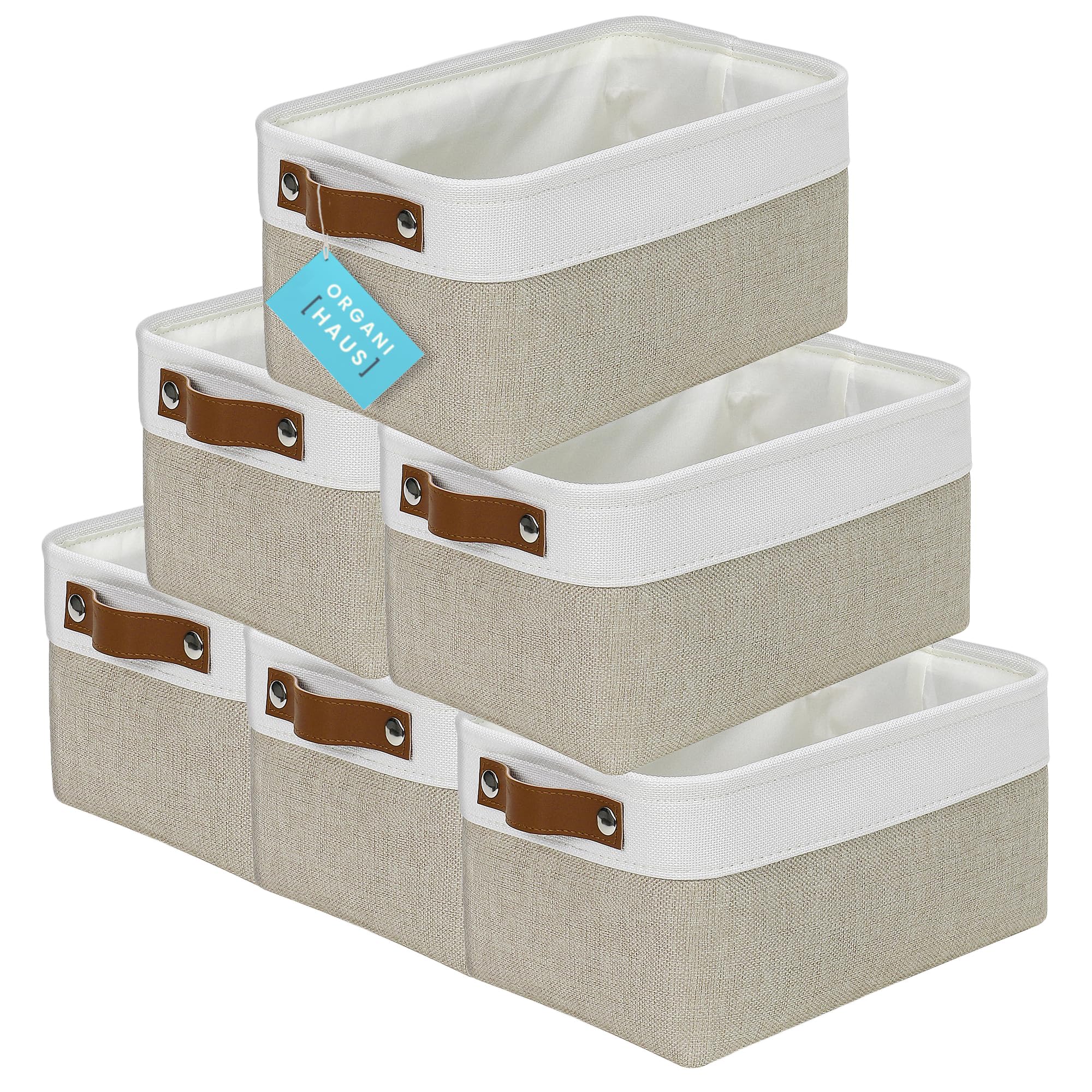 OrganiHaus Small Fabric Storage Baskets for Shelves 6 Pack | 12x8in Closet Storage Bins for Shelves | Cloth Baskets for Organizing | Linen Closet Organizers | Fabric Basket - Beige/White