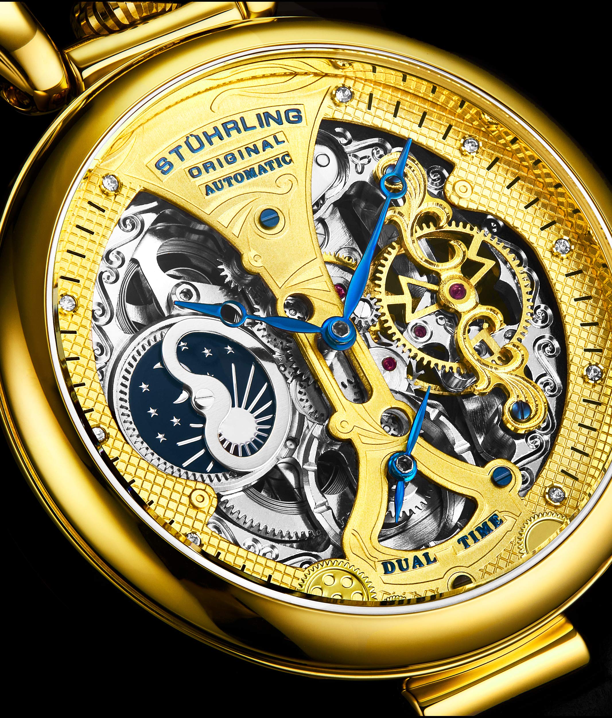 Stührling Original Mens Skeleton Watch Dial Automatic Watch with Calfskin Leather Band and - Dual Time AMPM Sun Moon Gold product thumbnail 5