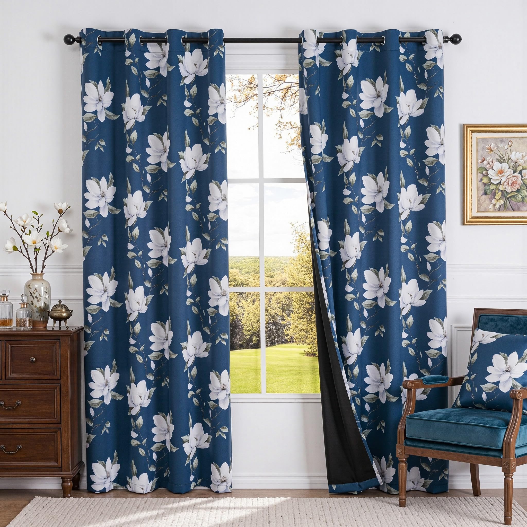 MYSKY HOME Floral 95% Blackout Curtains 84 Inch Long 2 Panels Set for Kitchen White Flower Printed Thermal Insulated Light Blocking Black Out Grommet Window Treatments, 52" W Each Panel, Blue