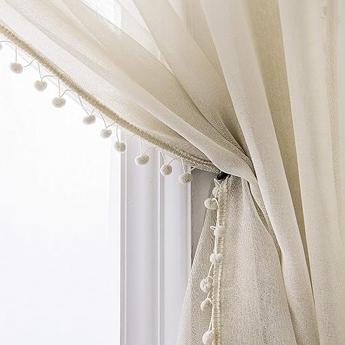 Miss Selectex - Cortinas transparentes, de lino y con borlas en forma de pompones, cortinas semitransparentes con bolsillos para barra para sala de Miss Selectex - Cortinas transparentes, de lino y con borlas en forma de pompones, cortinas semitransparentes con bolsillos para barra para sala de