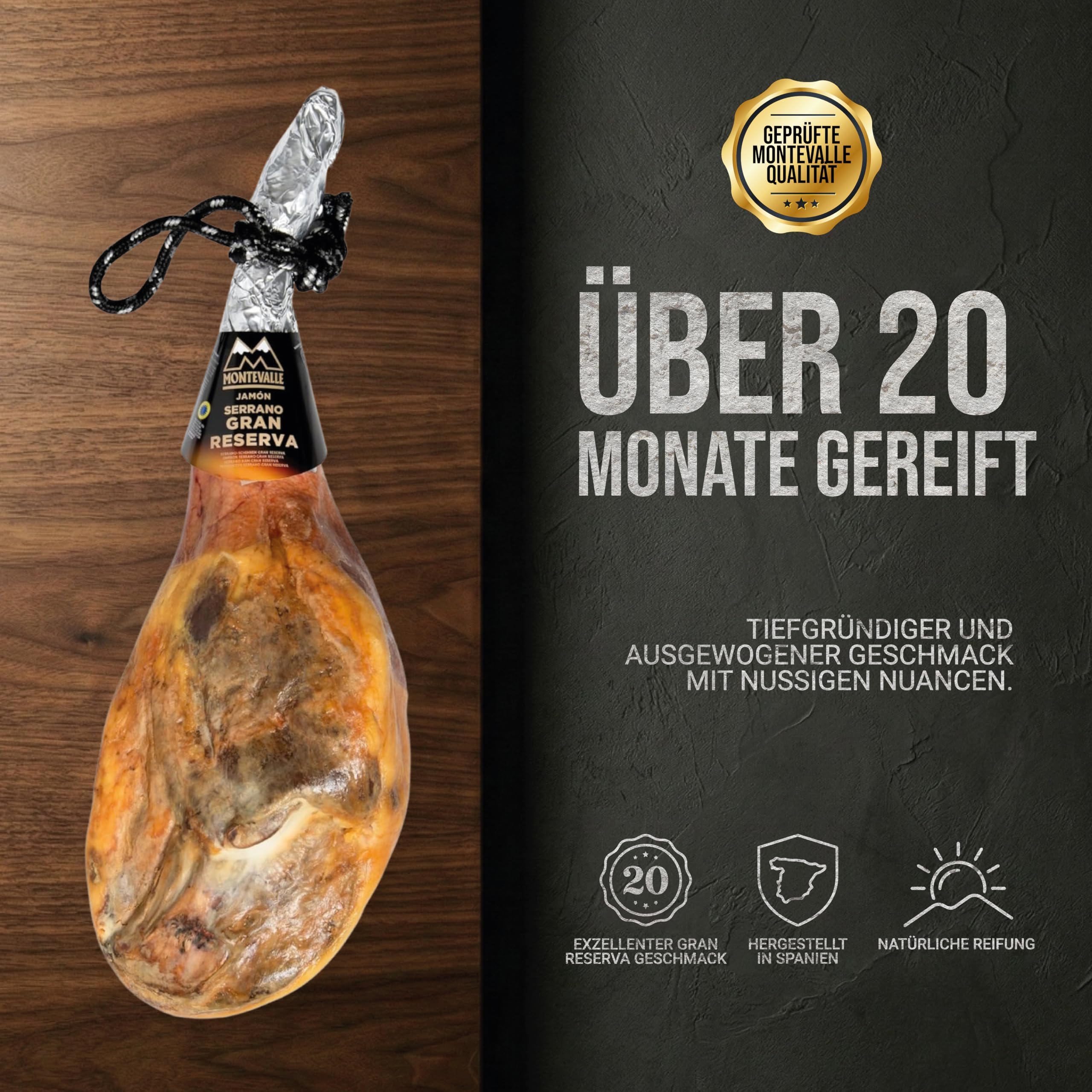 Montevalle Serrano Schinken Gran Reserva | Ganze Keule mit Knochen (7-8 kg) | Über 20 Monate traditionell gereift | Authentischer spanischer Schinken in Premium-Qualität