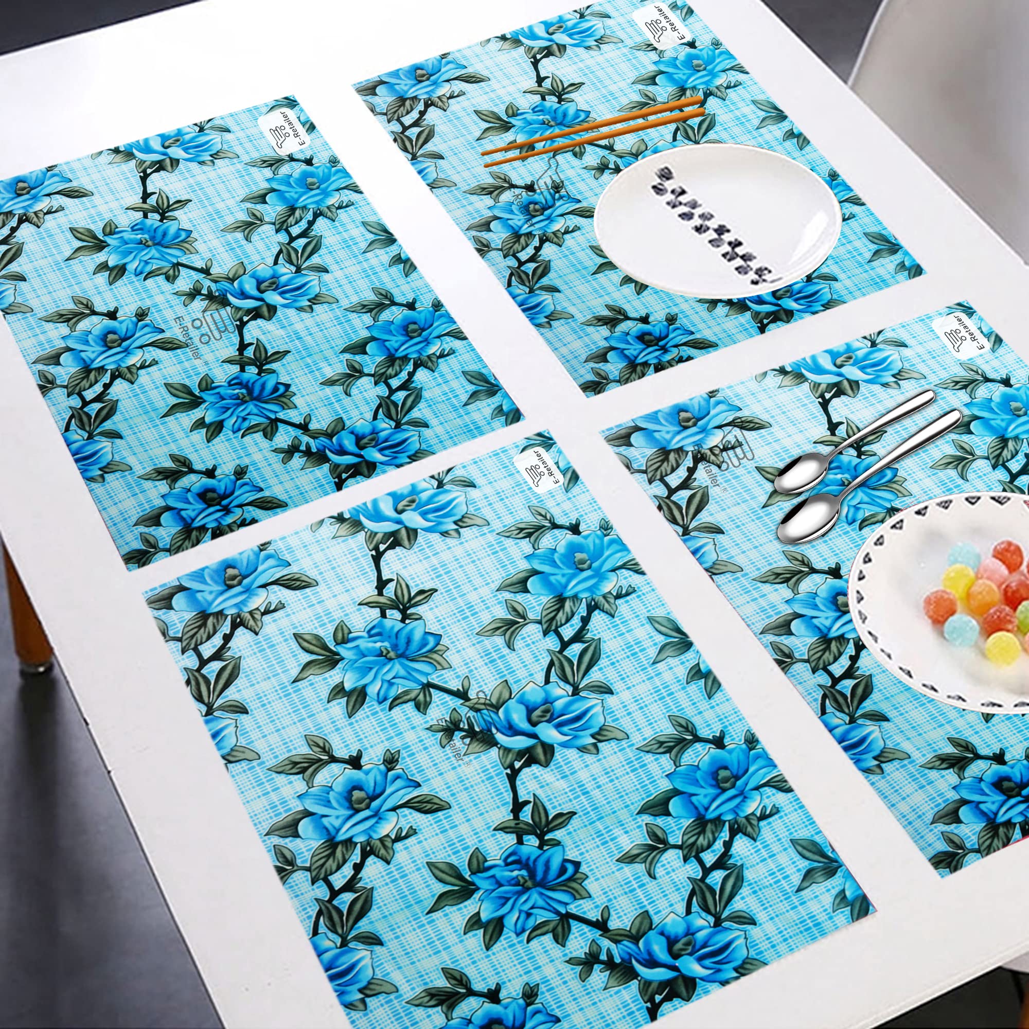 Waterproof Fridge Mats - Set of 4 Floral Blue -7