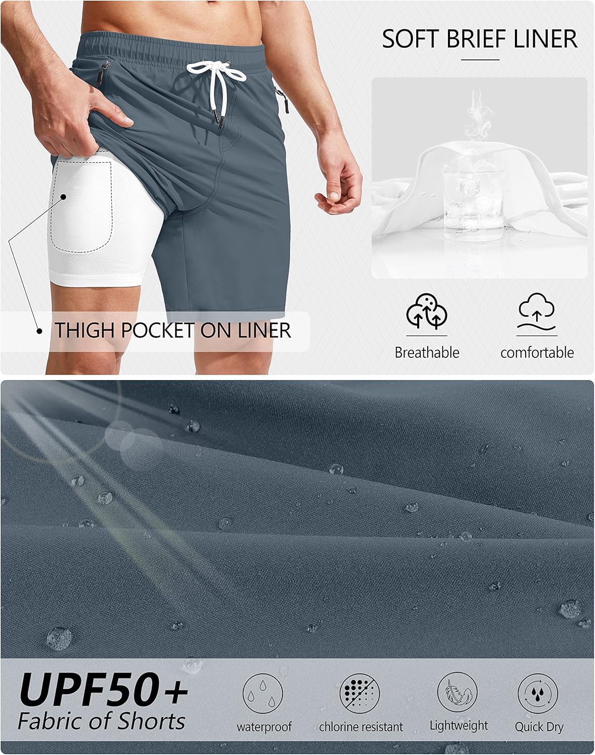 Viodia Men's Swim Trunks with Compression Liner Quick Dry Board Shorts Swimsuit Swimwear for Men with Zipper Pockets - Image 6