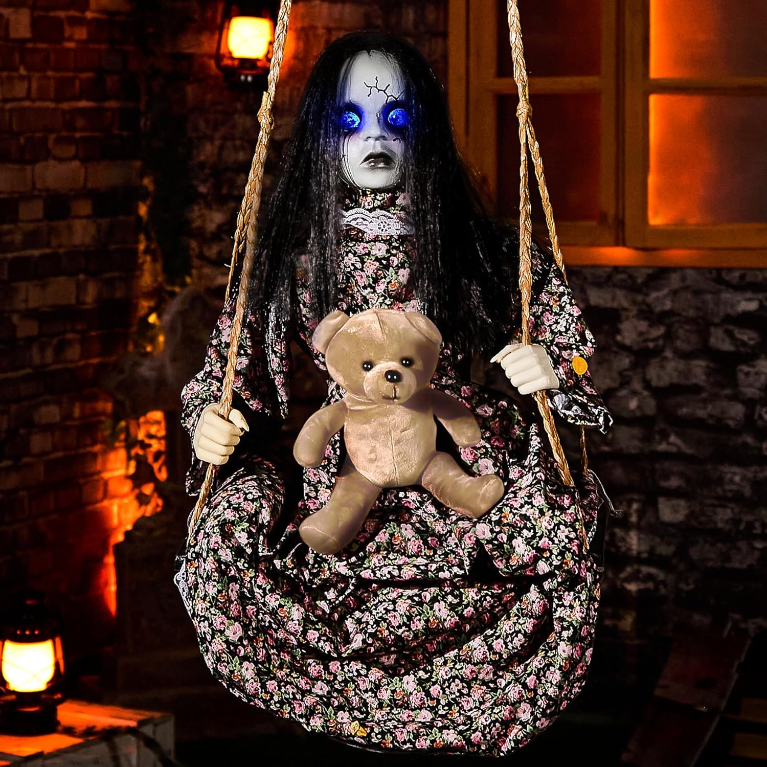 Halloween Animatronics Hanging Swinging Doll Floating Decorations with Motion Sensor Activated, Creepy Sound, Light Up Eyes, Scary Move, Haunted House Decor Spooky Holiday Prop for Indoor, Outdoor