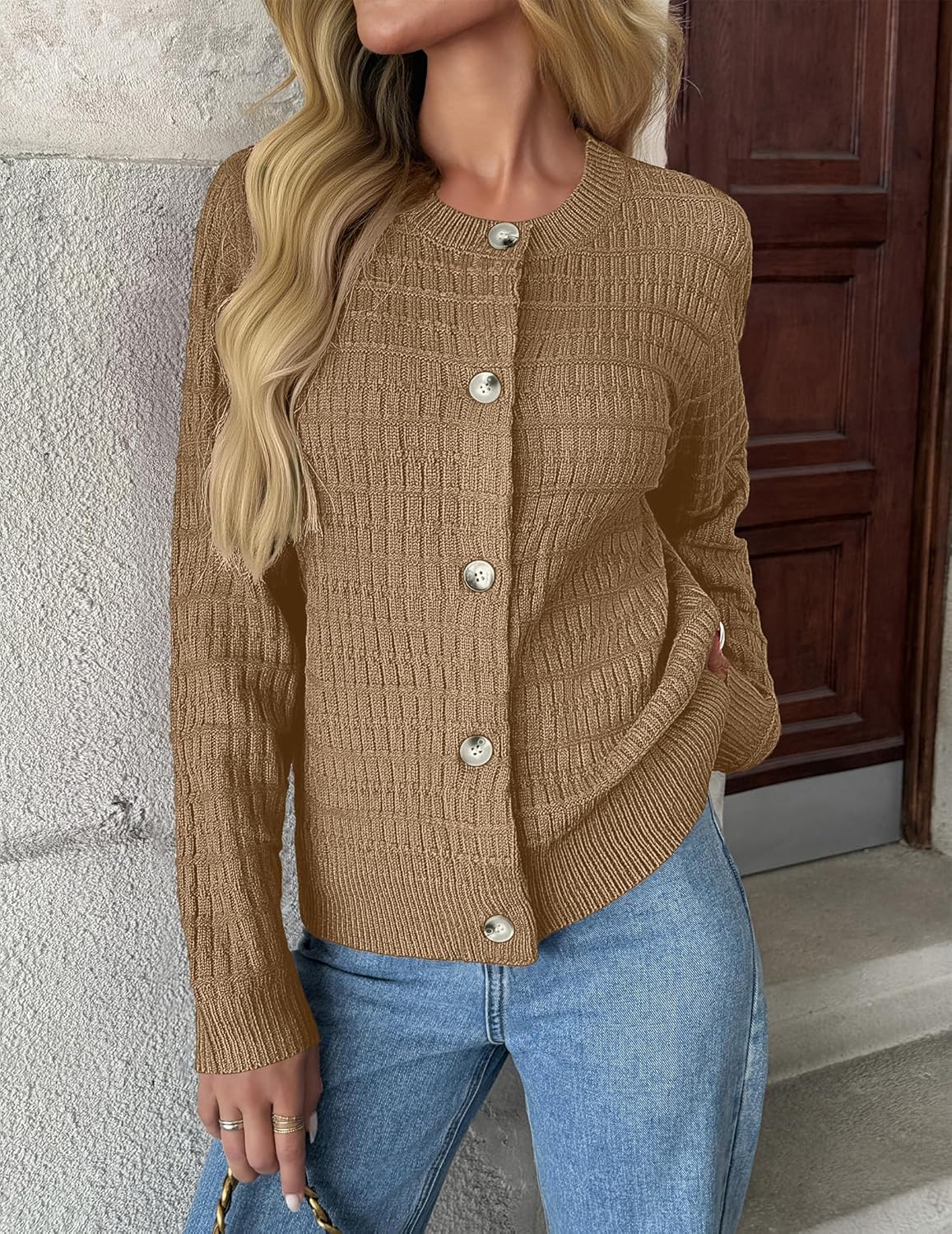 Zeagoo Women's 2026 Cardigan Sweaters Button Down Crew Neck Open Front Long Sleeve Knit Cropped Jackets - Image 2