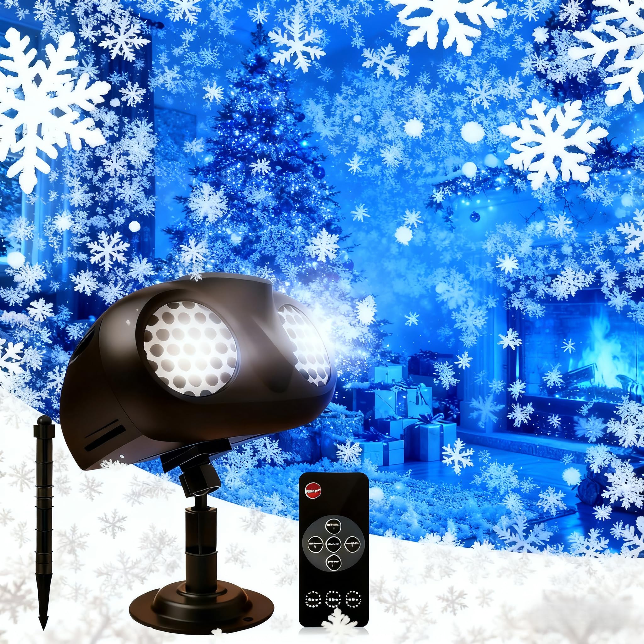 Christmas Projector Lights Outdoor, Dual Head Dynamic Snowflake Projector with RF Remote & Timer, IP65 Waterproof 360° Rotating LED Snow Projection for Garden, Patio, Wall, Indoor/Outdoor Decoration