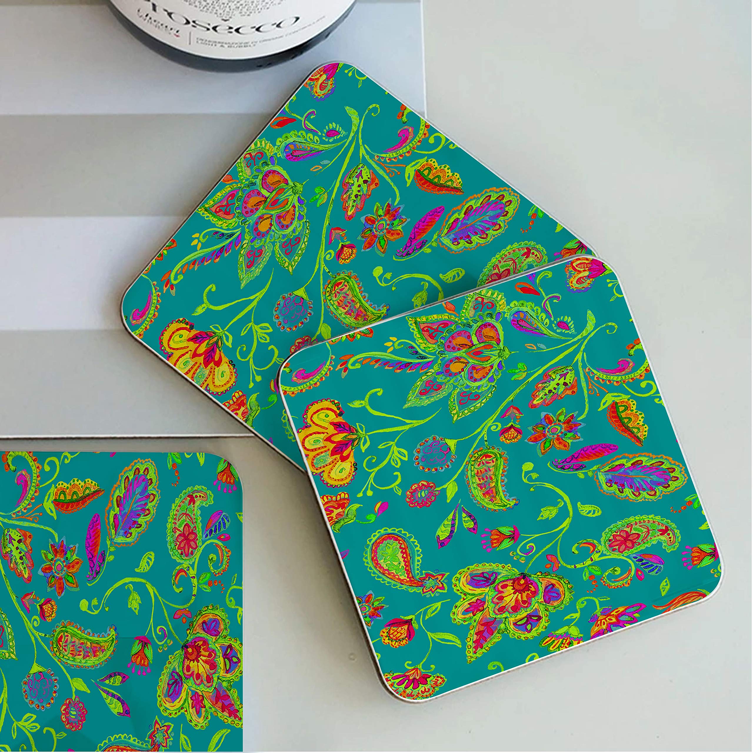 SUVAM Online Wooden Leatest Floral Design Square Shape Coasters Set of 6 for Tea Cups, Coffee Mugs, Beer Cans, Bar Tumblers and Water Glasses