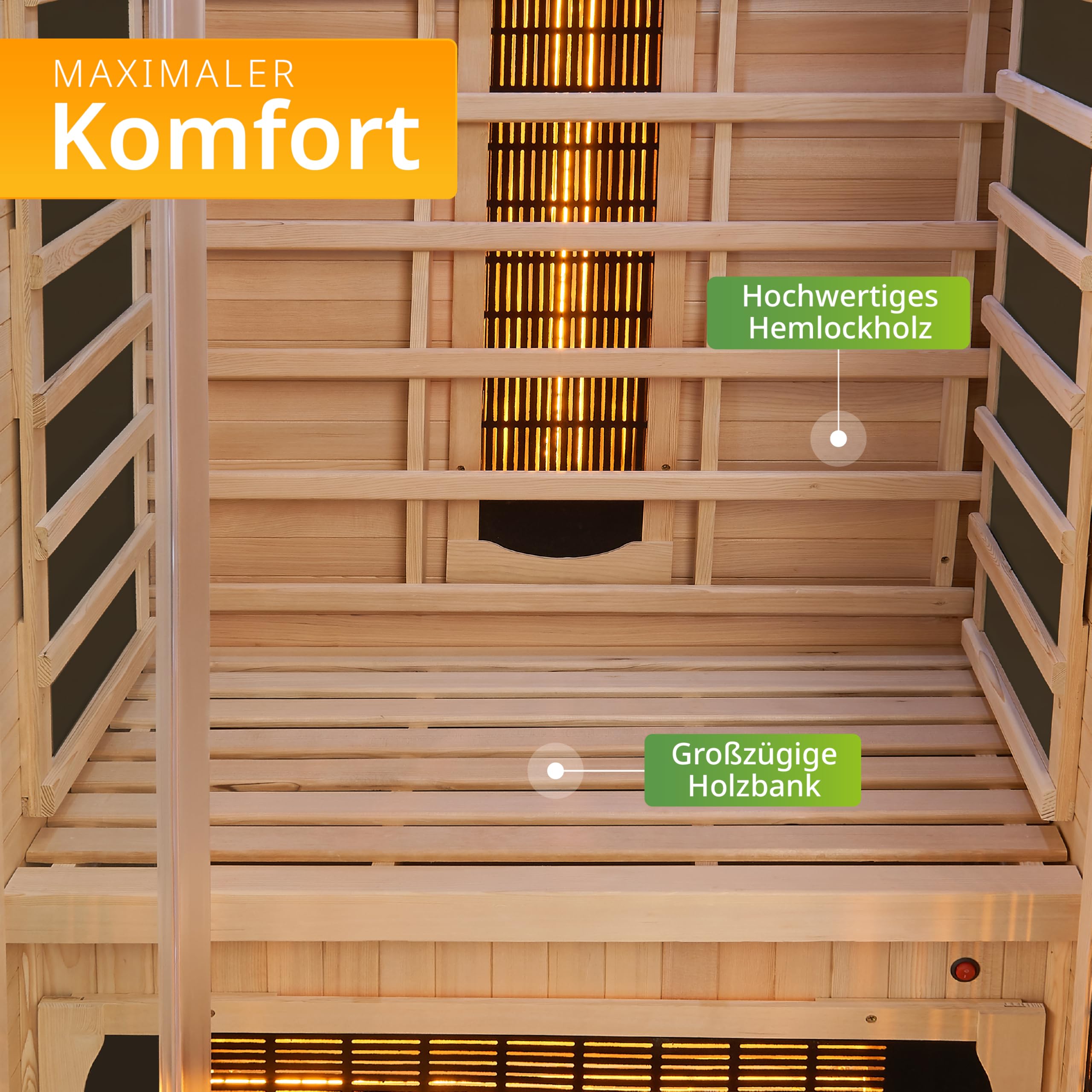 Artsauna Infrarotkabine Kiruna90 mit 4 Vollspektrum- & 3 Flächenstrahler, 1 Person, 90 x 90 x 190 cm, LED Farblicht & Glastür, Infrarotsauna Sauna