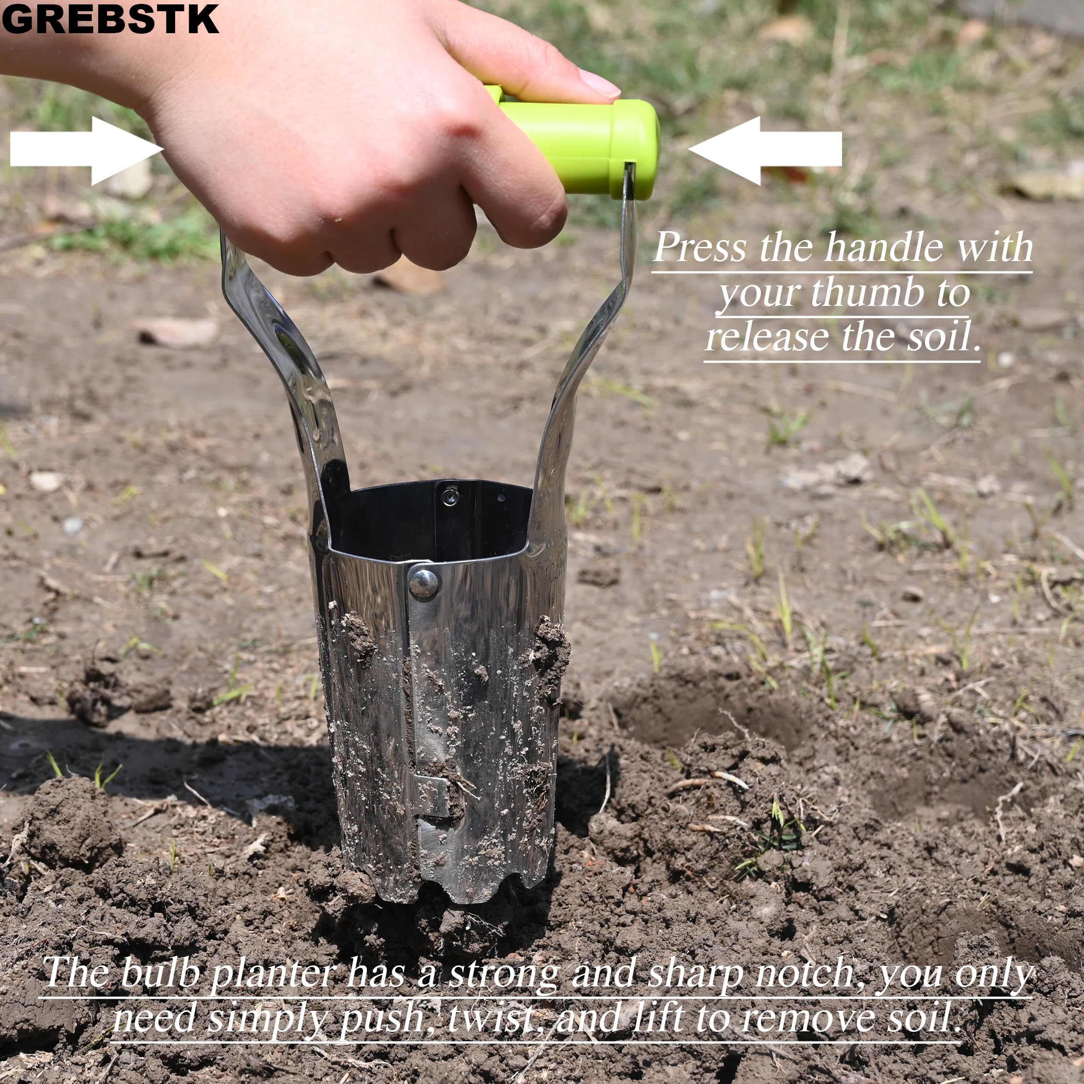 GREBSTK Strumento trapiantatore di bulbi da Giardinaggio in Acciaio Inossidabile con Segno di profondità e Maniglia di Rilascio del Suolo per piantare bulbi