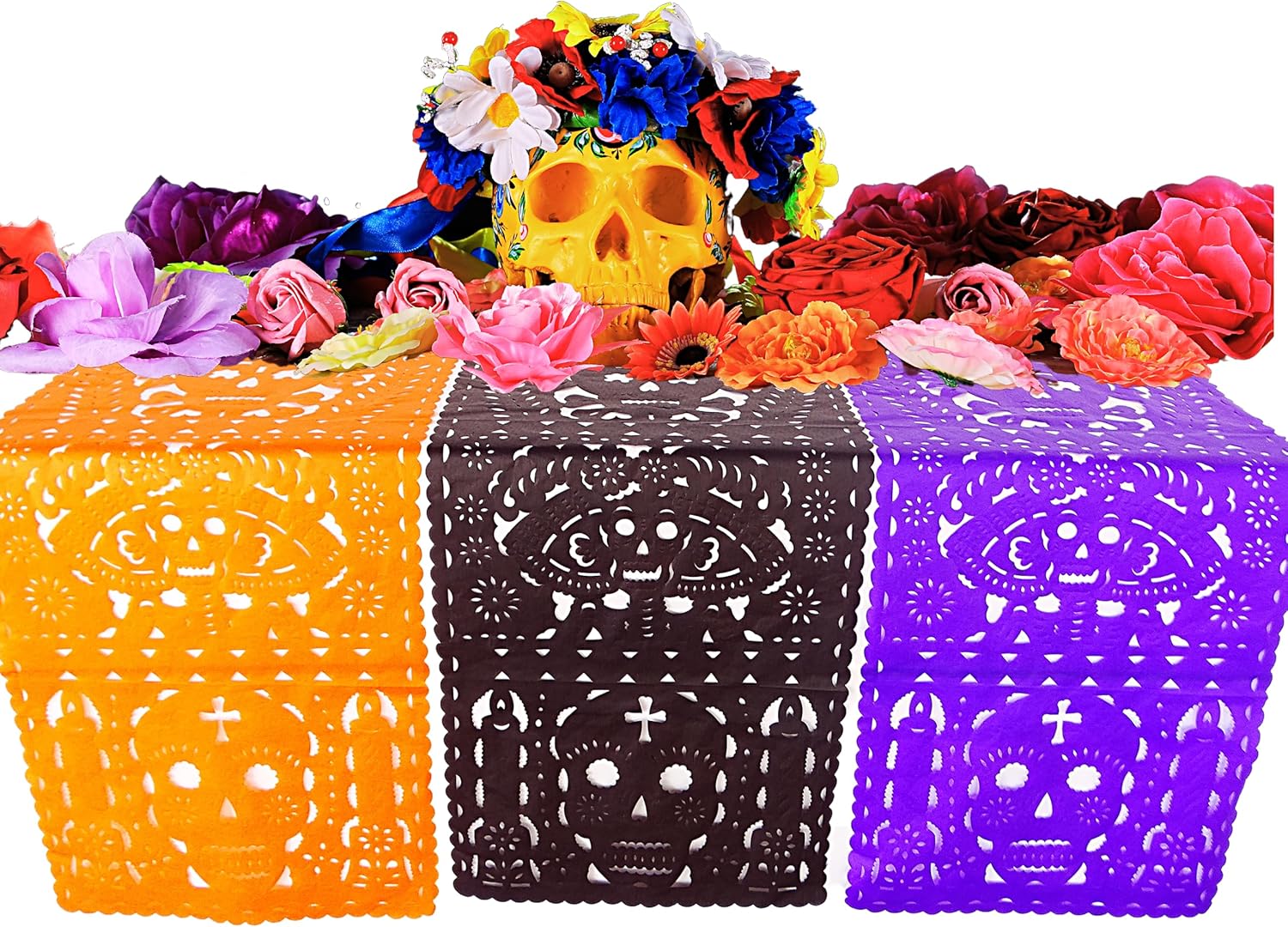 3 Pack Mexican Papel picado Table Runners, Dia de Muertos Fiesta Decorations, Mexican Party Decor 20X39 Inches, Large Papel picado Day of The Dead Ofrenda
