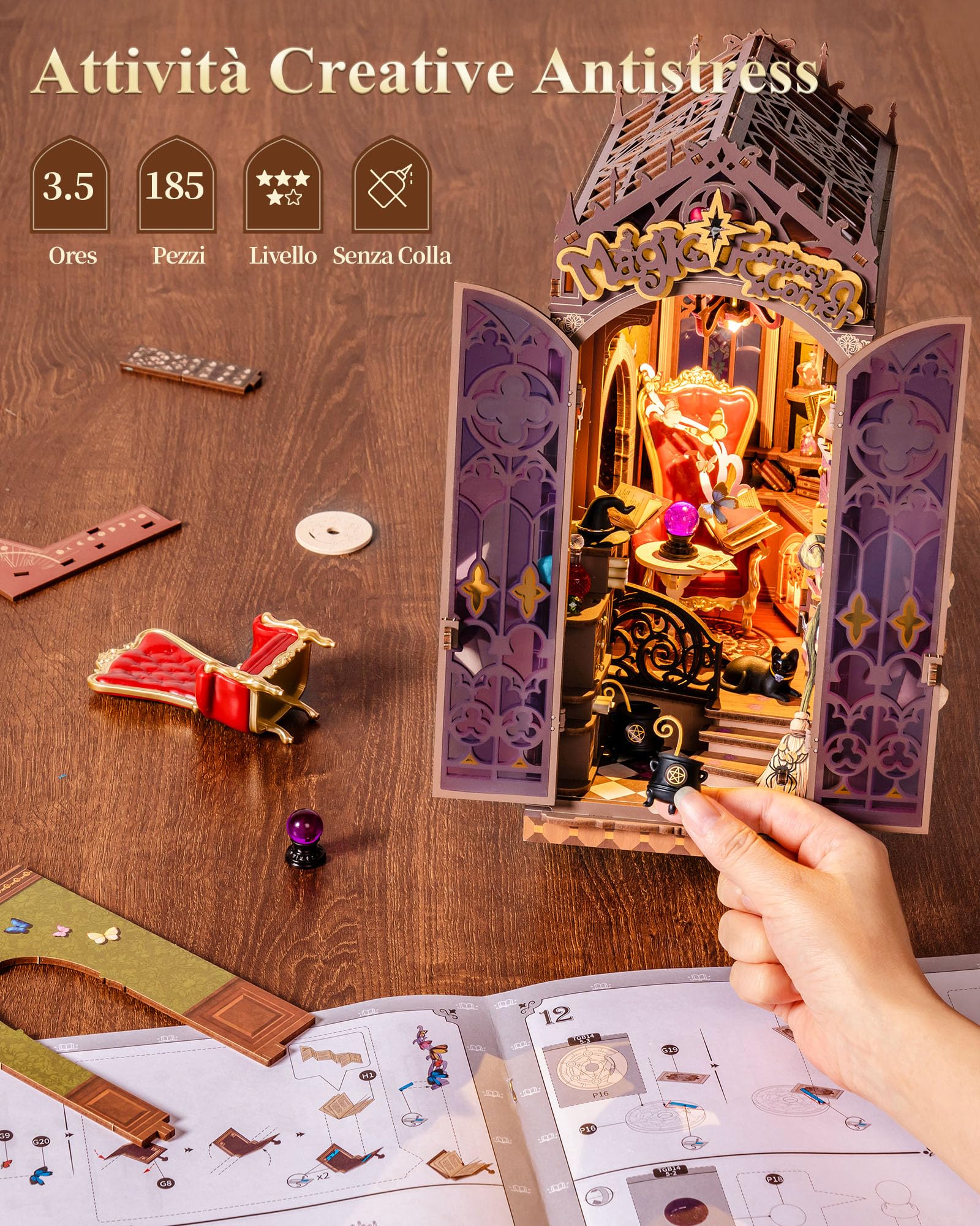 Rolife Book Nook Kit Miniature da Costruire DIY Booknook Rincón de Fantasía Mágica 3d Puzzle Legno con Luci Decorazione Libreria Casa Modellismo da Costruire Adulti Diorama Modellismo