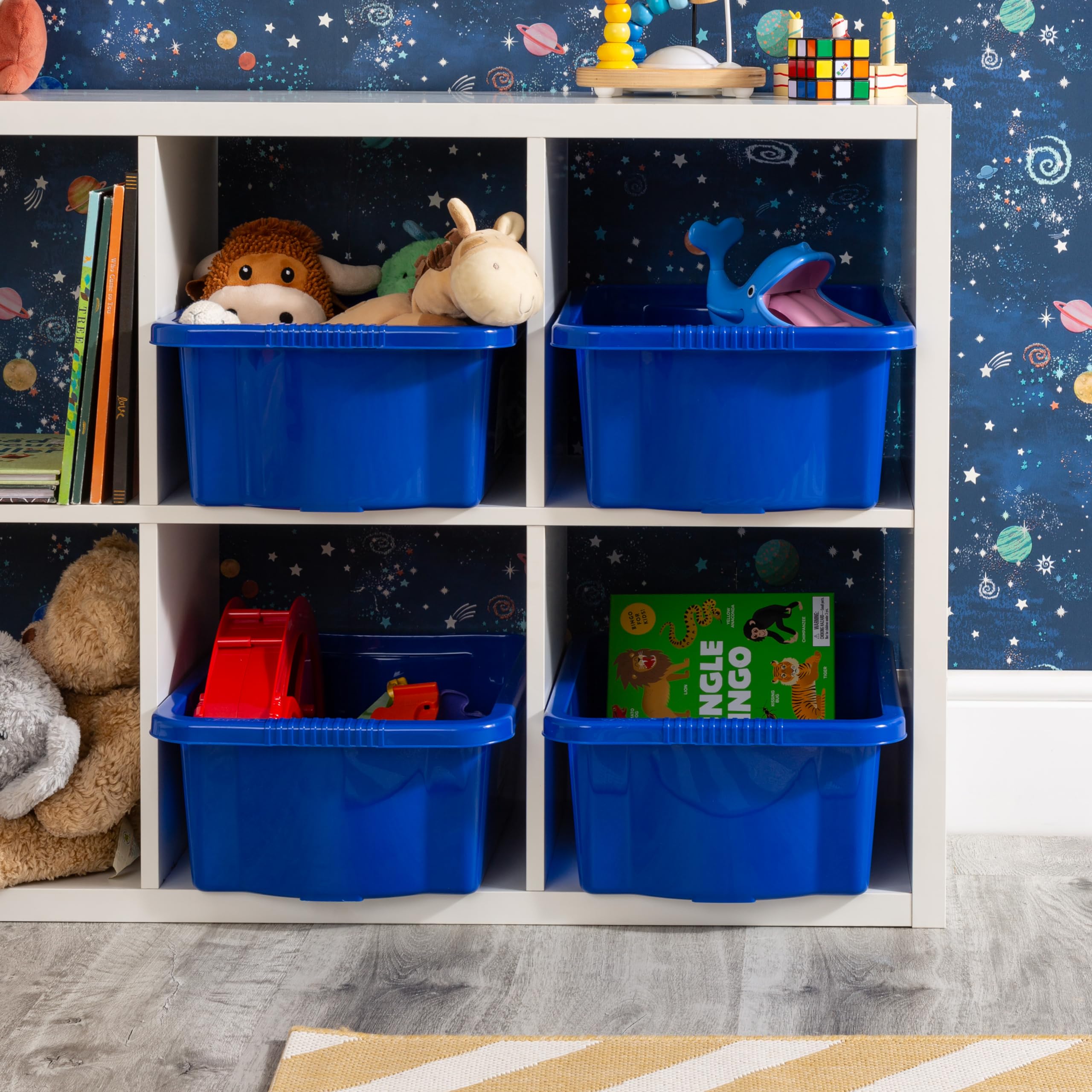 Wham Stack & Store 4 x 16L Plastic Storage Boxes | Ideal for Toys, Classrooms & Playrooms | Stackable & Nestable | Integrated Handles | Made in UK - Blue