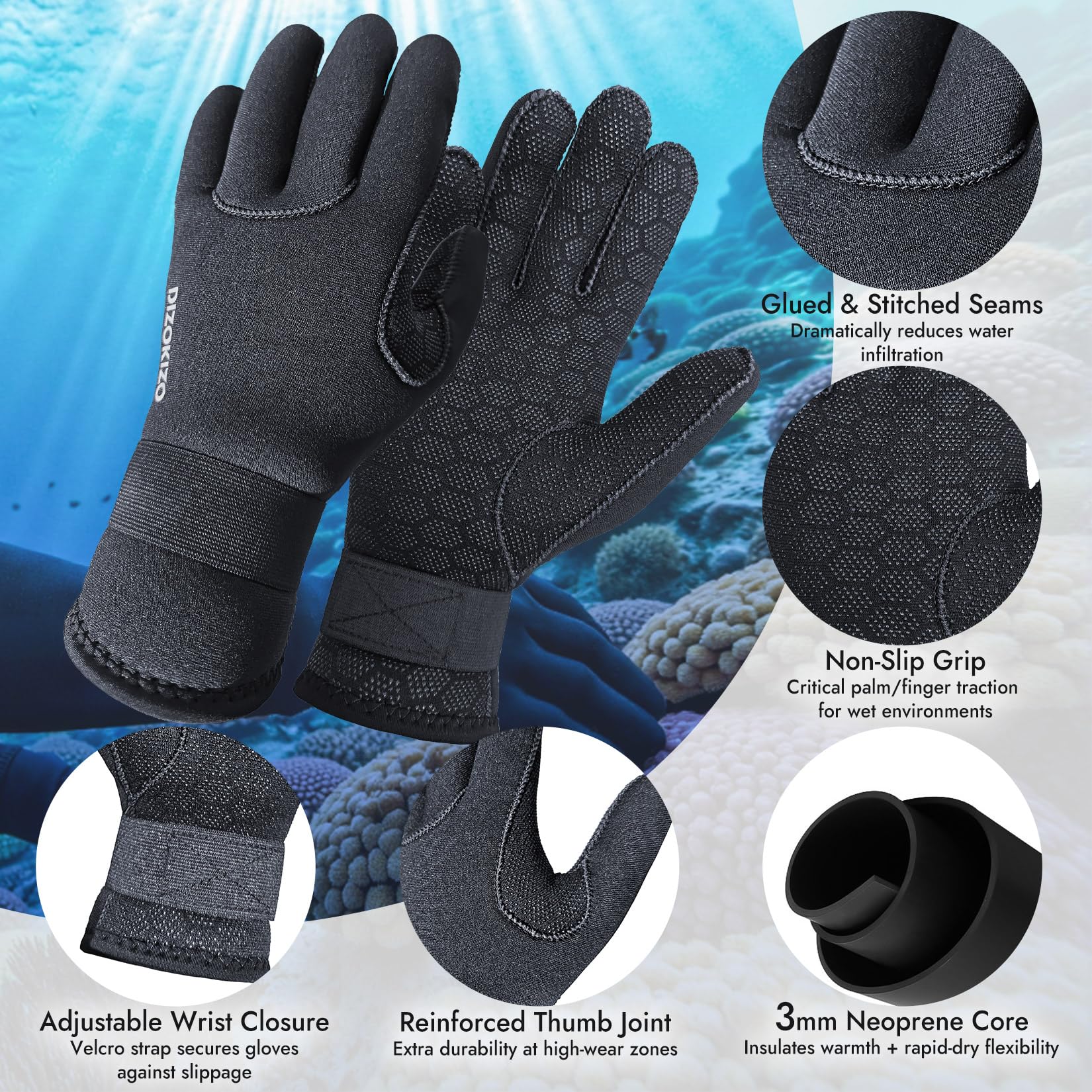 Gants de plongée en néoprène 3mm Anti-dérapant Thermique pour plongée sous-marine Snorkeling Natation