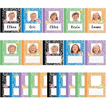 BeYumi DIY Kids Photo Nameplates - 50Pcs Back to School Colorful Composition Notebook Photo Craft Students Picture Frame Name Tag Label Cutouts School Classroom Kindergarten Desk Bulletin Board Decor