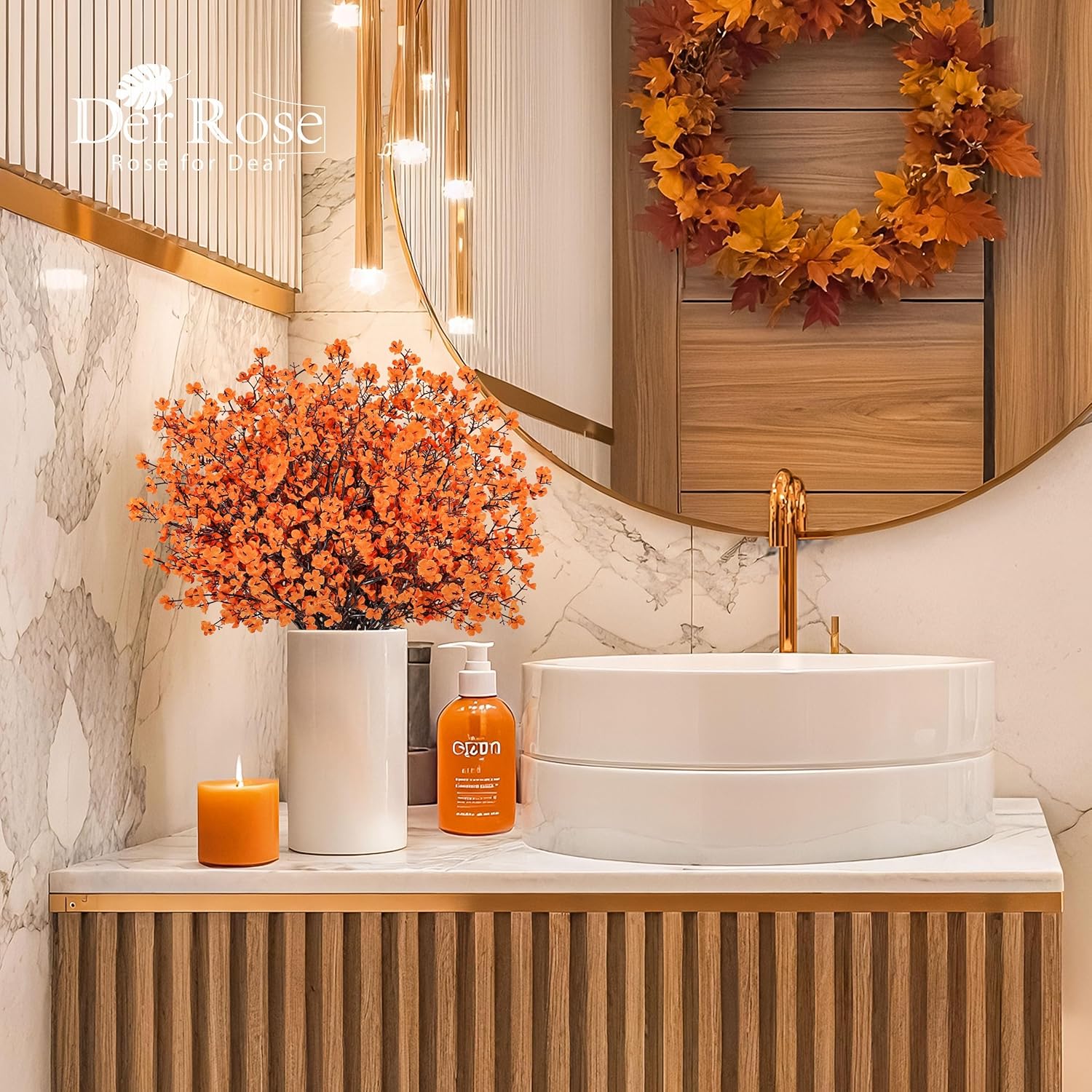 Der Rose 10Pcs Fake Fall Flowers Orange Baby Breath Artificial Flowers Real Silk Floral Arrangement Stems for Thanksgiving Table Centerpieces Home Kitchen Mantle Porch Outdoor Decorations - Image 9