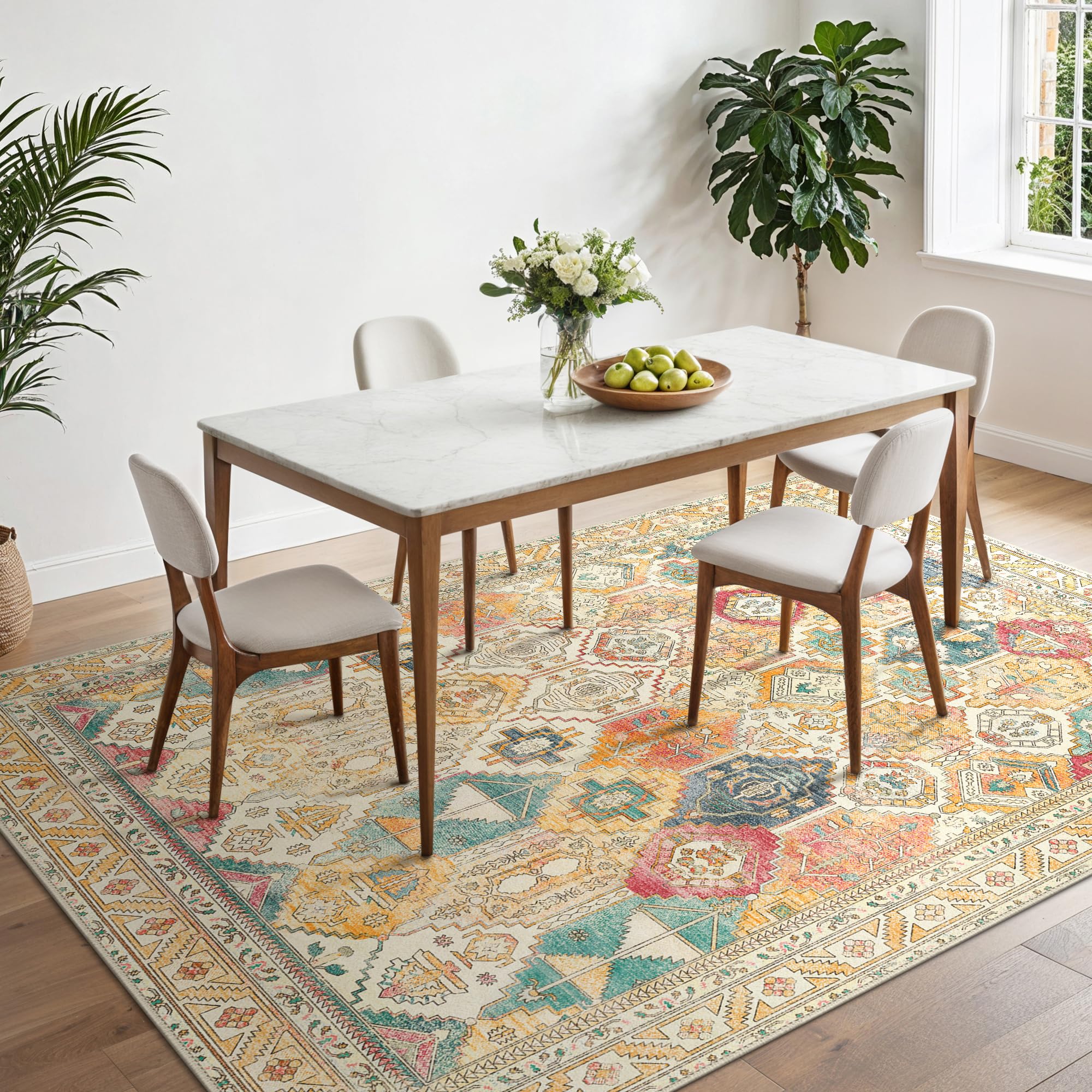BEIMO Waschbarer Teppich Wohnzimmer Vintage, Boho Teppich Schlafzimmer Groß Orientalisch rutschfest für Badezimmer Esszimmer, Vintage Mehrfarbig, 120x170cm