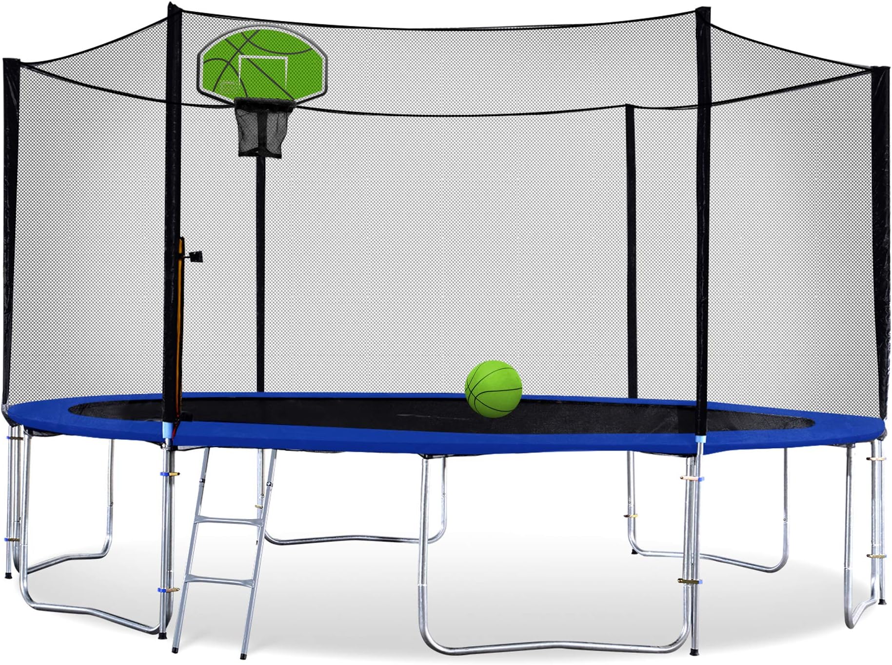 Exacme 12 Foot Outdoor Round Trampoline with Basketball Hoop and Enclosure Net for Kids, Green T12+BH04GR
