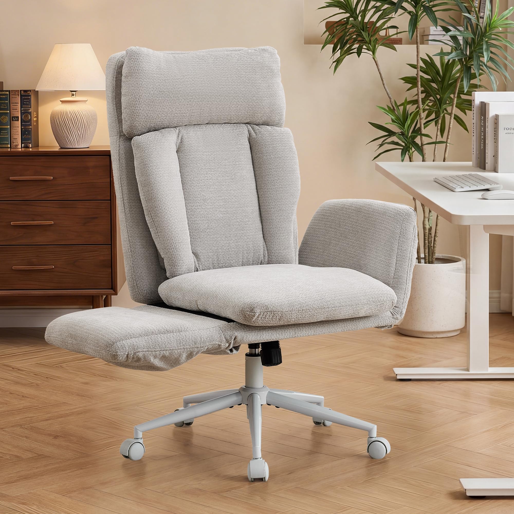 Großer Bürostuhl ergonomisch, Chefsessel mit klappbaren Armlehnen, höhenverstellbar Schneidersitz Schreibtischstuhl mit Rollen, Chenille Drehstuhl mit Verstellbarer Lendenstütze, Grau