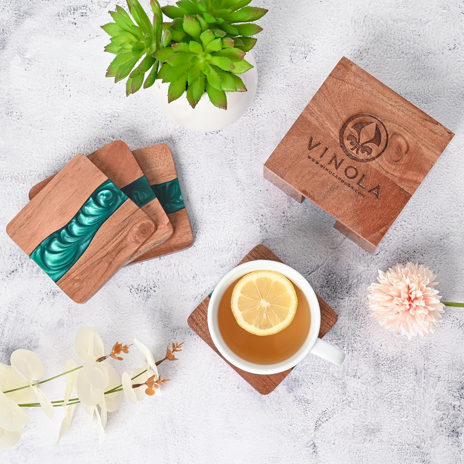 Rustic Wood Coasters Set of 4, Epoxy Resin, 4x4 Inches, With Holder - Image 4