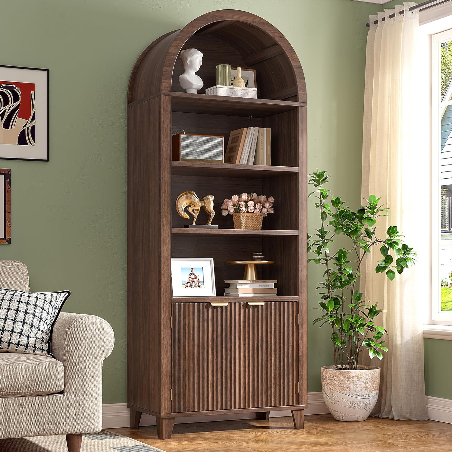 DurayLoly 79.9" Tall Arched Cabinet, 6-Tier Arched Bookcase with Fluted Doors and Adjustable Wood Shelves, Wooden Storage Cabinet with Tall Bookshelf for Office, Living Room, Kitchen, Walnut