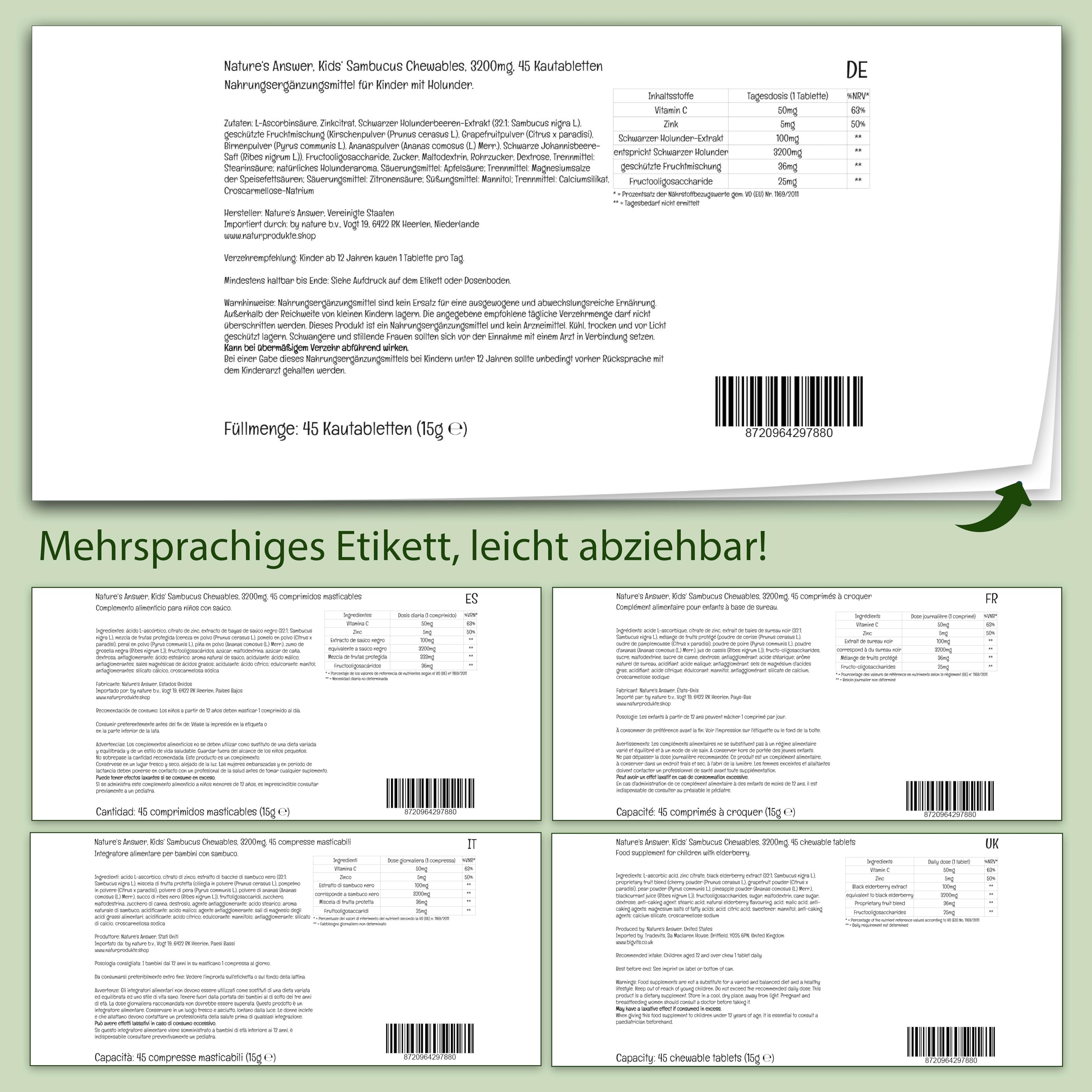 Nature’s Answer Kids’ Sambucus Kautabletten, 3200mg, 45 Stück