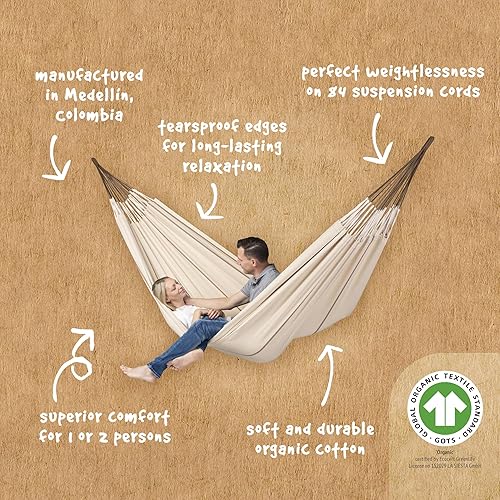 Miniatura 6 de LA SIESTA Modesta Hamaca de algodón orgánico, interiorexterior, dormitorio a patio trasero, 2 personas, máximo 355 libras, turrón