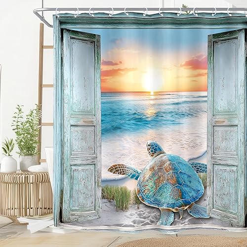 Riyidecor Cortina de ducha de tortuga de playa para decoración de baño, 72 pulgadas de ancho x 72 pulgadas de alto, puerta de granero verde azulado,