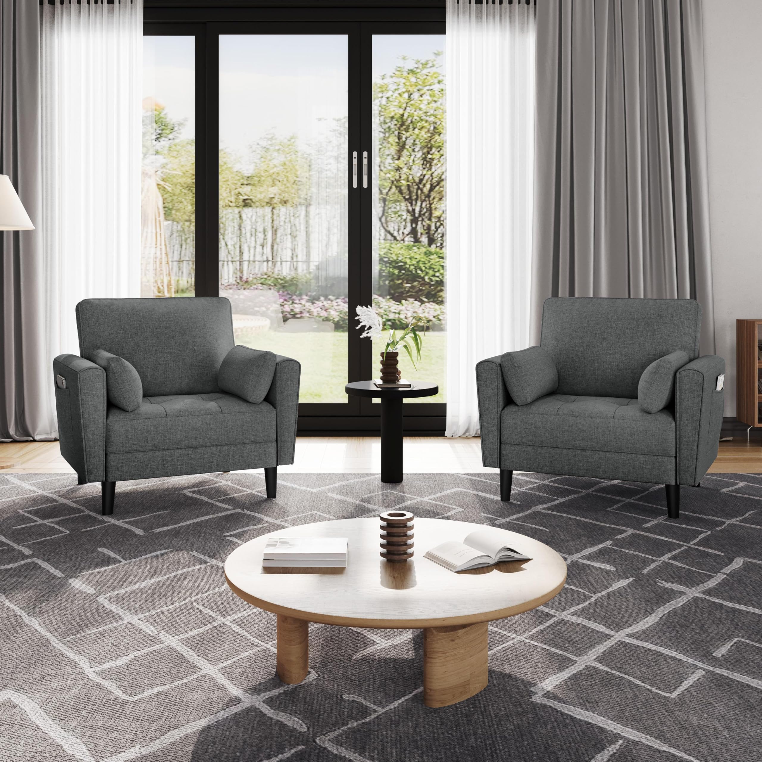 Yaheetech Divano Singolo da Salotto Divanetto Moderno con Cuscini Schienale Divano a 1 Posto in Tessuto Poltrona da Soggoirno con Braccioli 102,5 × 75 × 85,5 cm Grigio Scuro/Tela