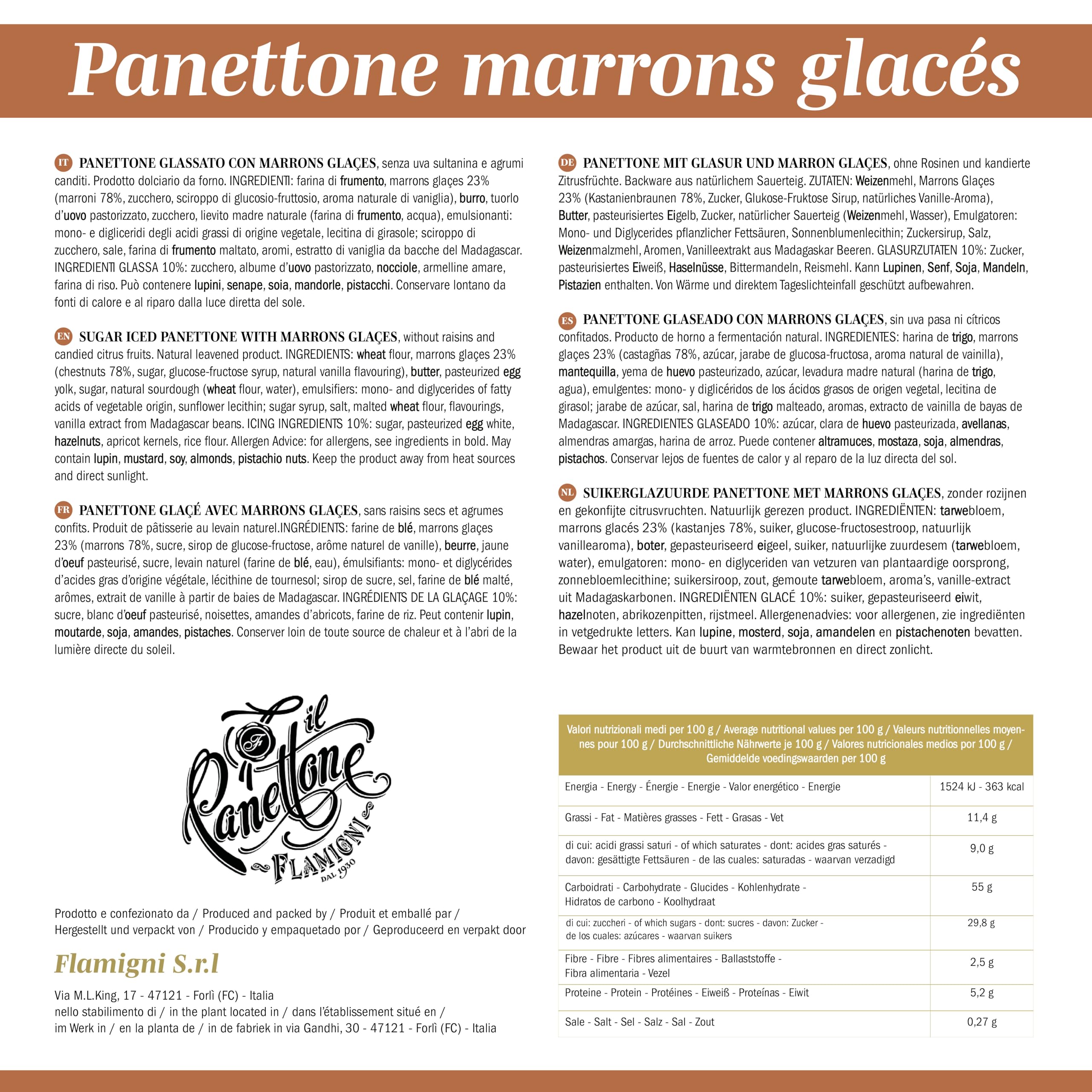 FLAMIGNI, Panettone Artisanal Italien au Marron Glacé, Enrobé de Noisettes, Amandes et Sucre, Emballage Cadeau avec Décoration de Noël, 1kg