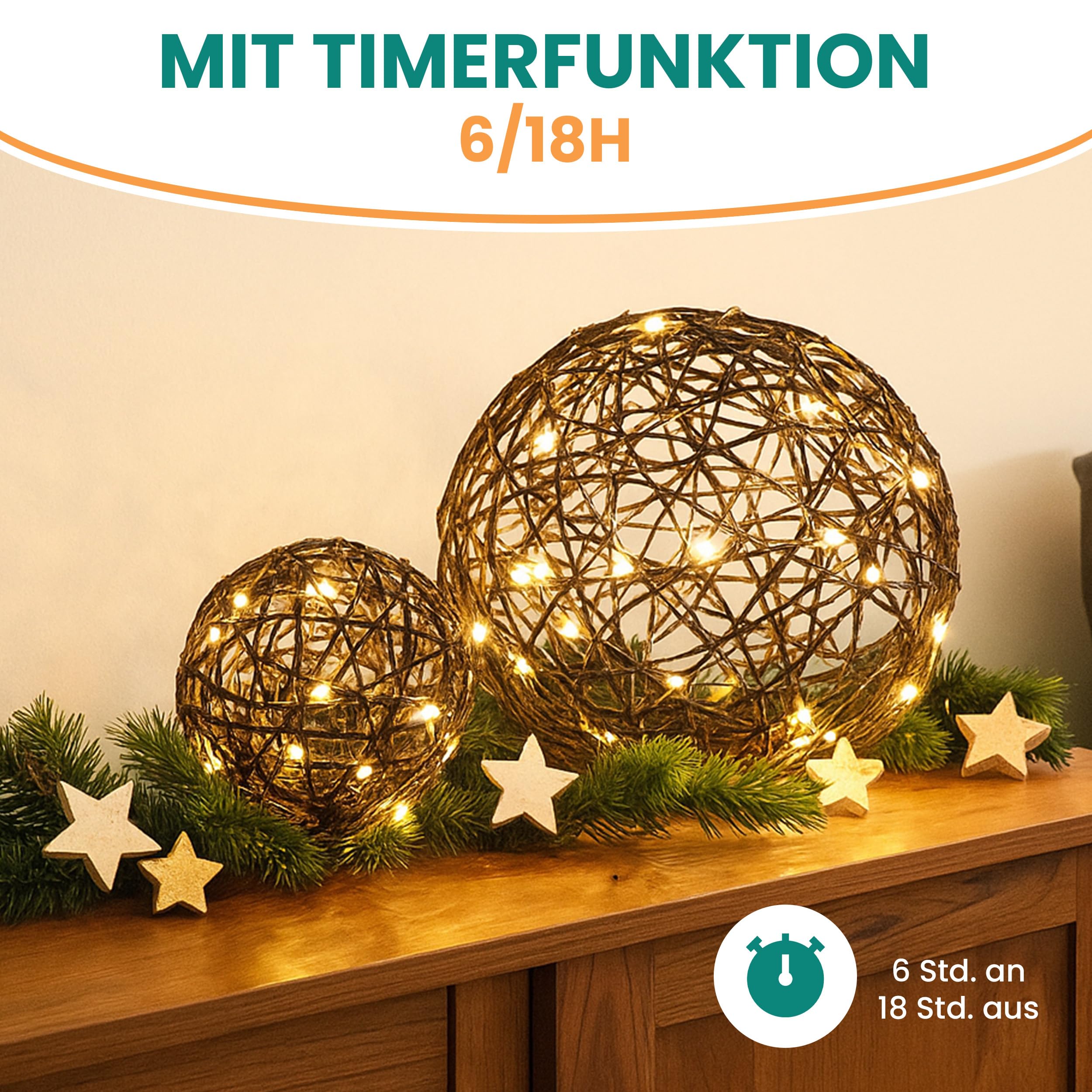 Gartenpirat Deko-Kugel Rattan Optik 70 LED warmweiß Ø 40 cm Kupferdraht-Lichterkette Batterie Timer